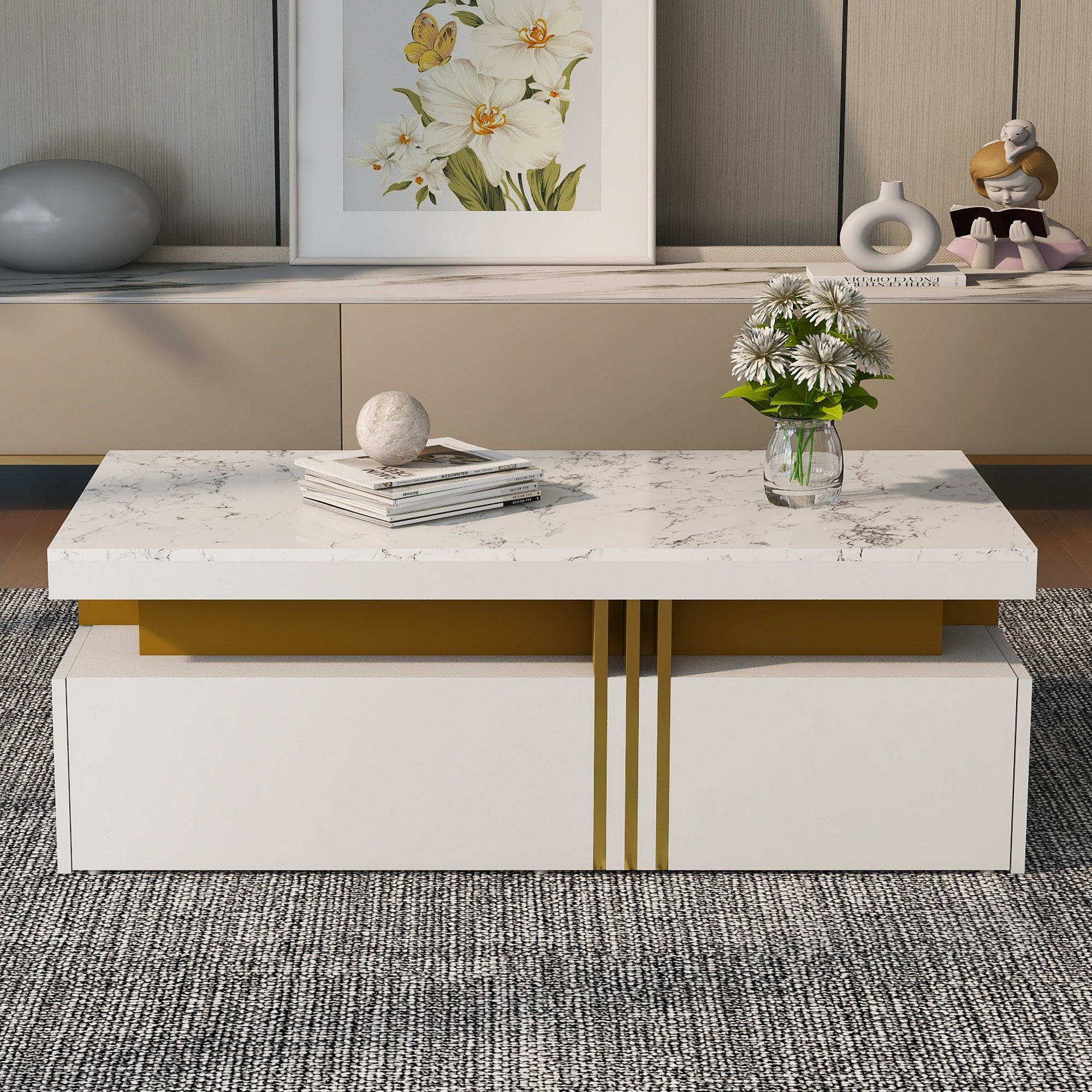 Modern White Rectangular Coffee Table with Marble Pattern Top and 2 Wooden Drawers