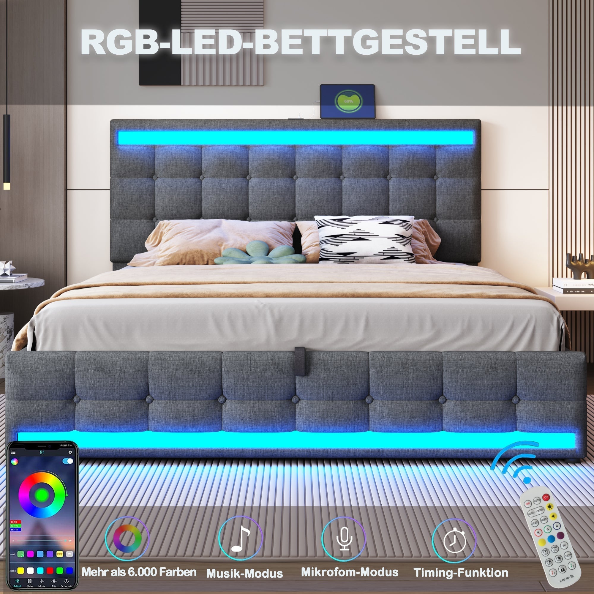 Upholstered Bed 180x200 Hydraulic Storage USB LED Light Strip Children's Bed, Grey Linen