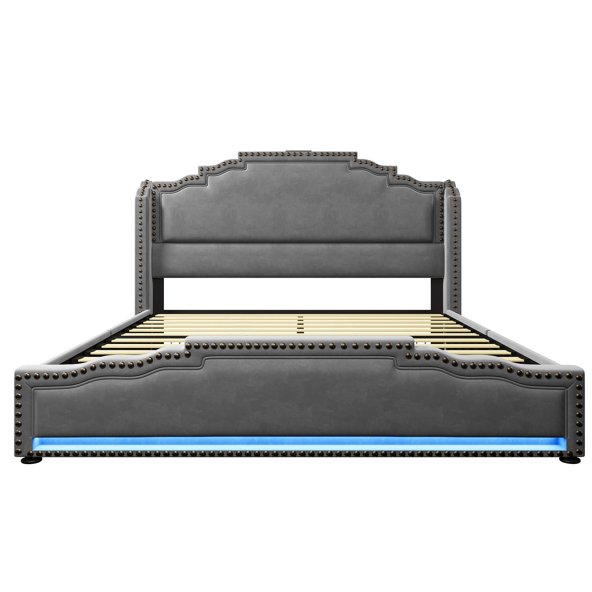 Upholstered Bed 140x200, Double with 4 Drawers, LED & USB-C, Velvet Grey