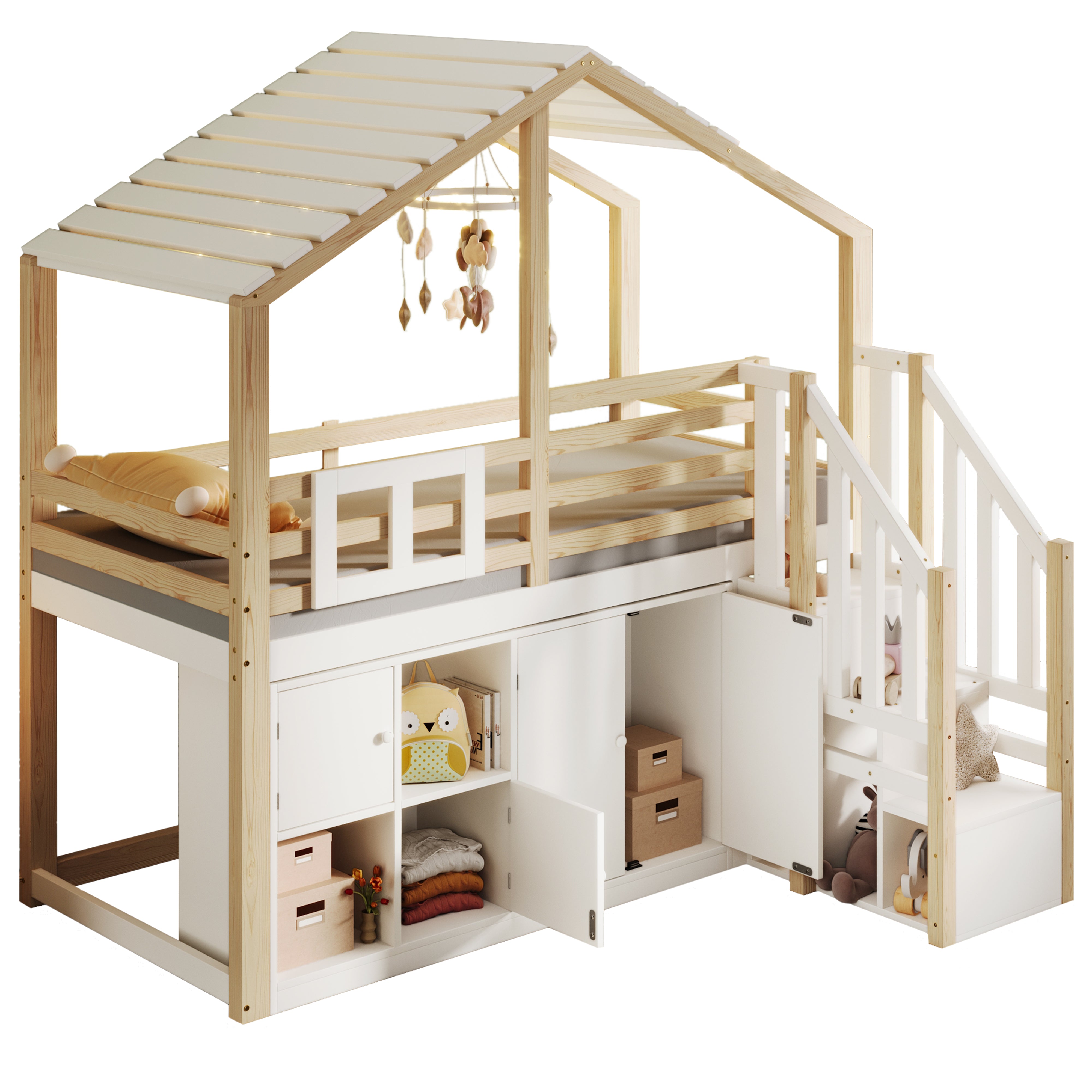 Loft Bed 90x200cm House Design Storage Ladder Lockers - White/Natural