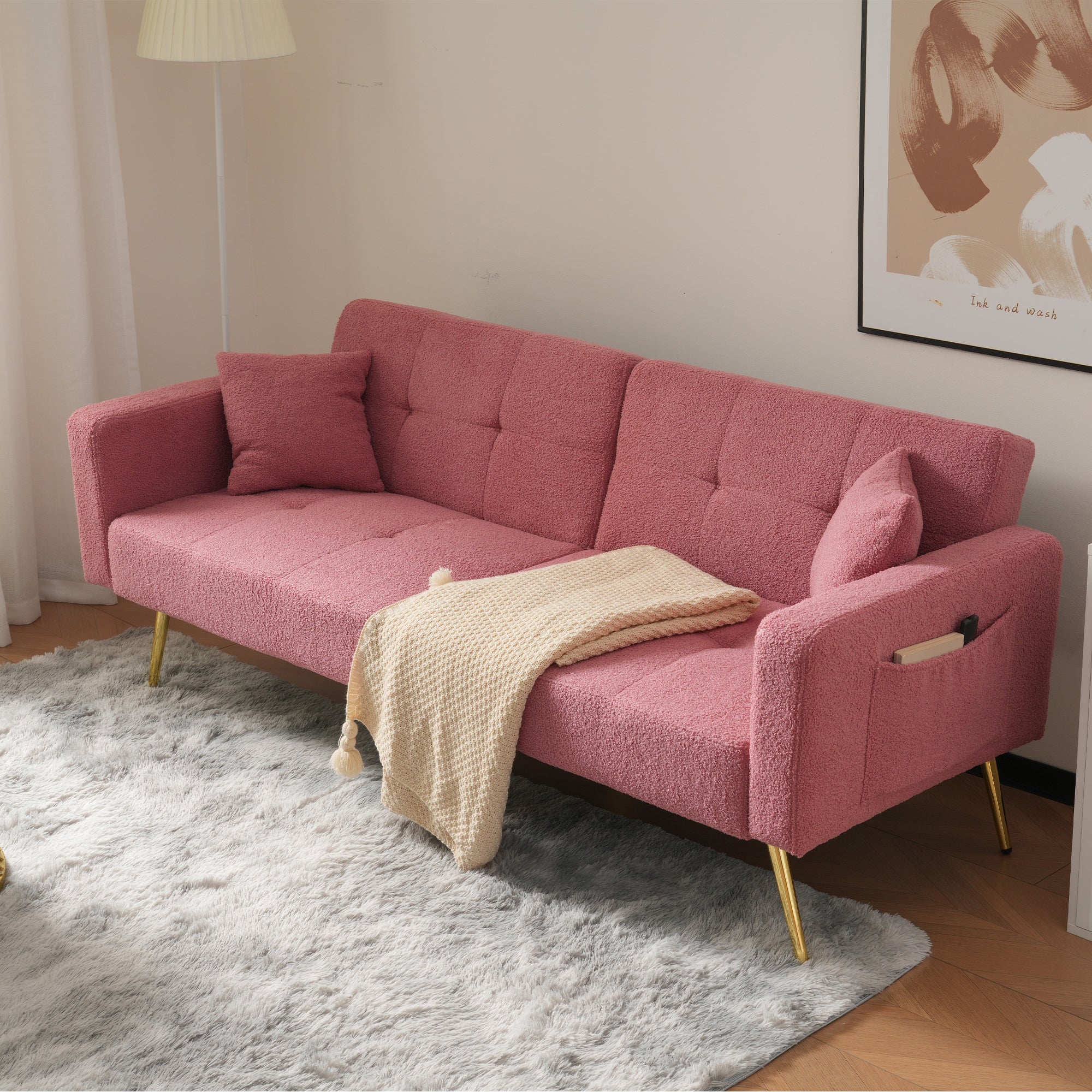Sofa Bed, Adjustable Backrest, Gold Legs & Storage Pockets