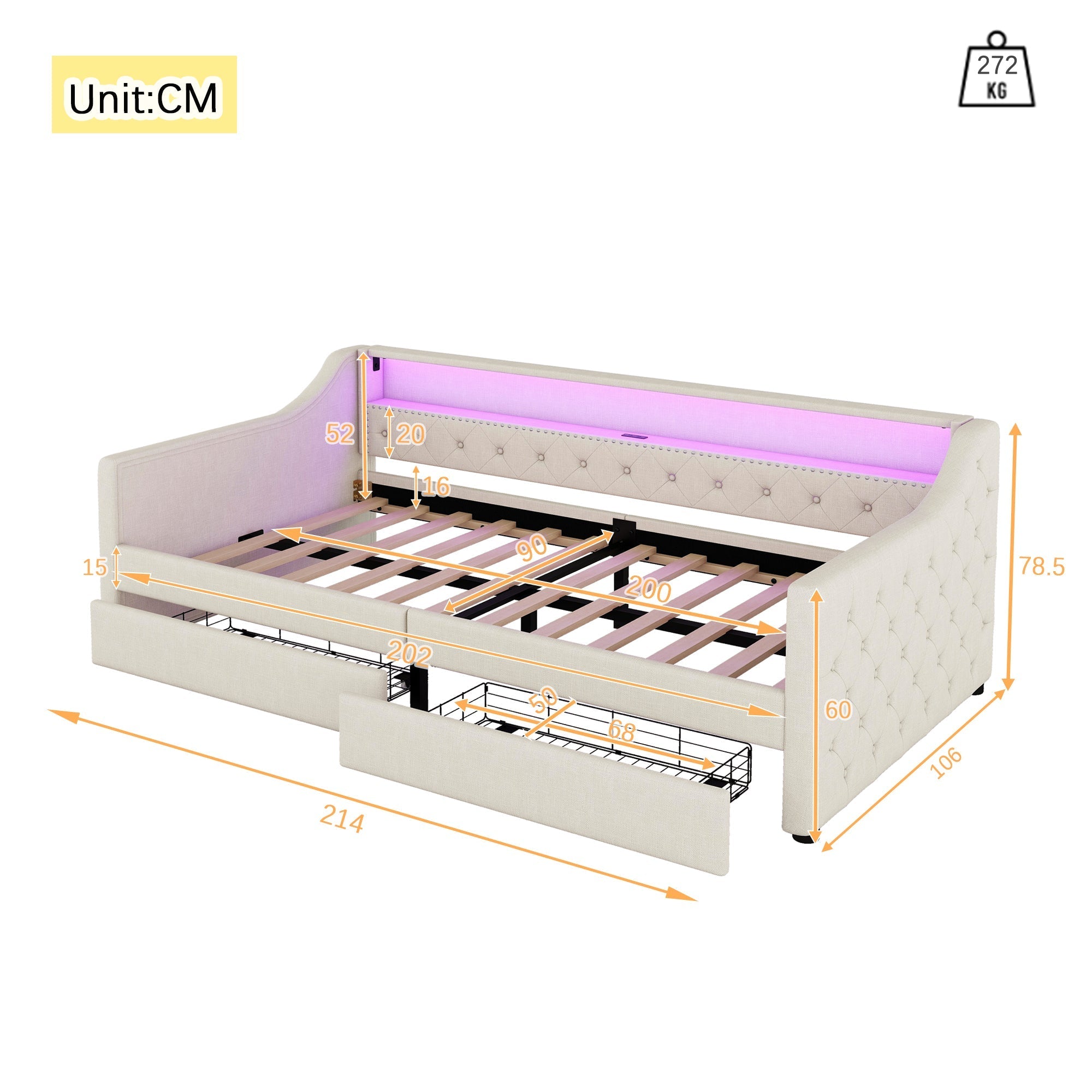 Daybed 90x200cm Ambient Light 2 Drawers USB - Linen Beige