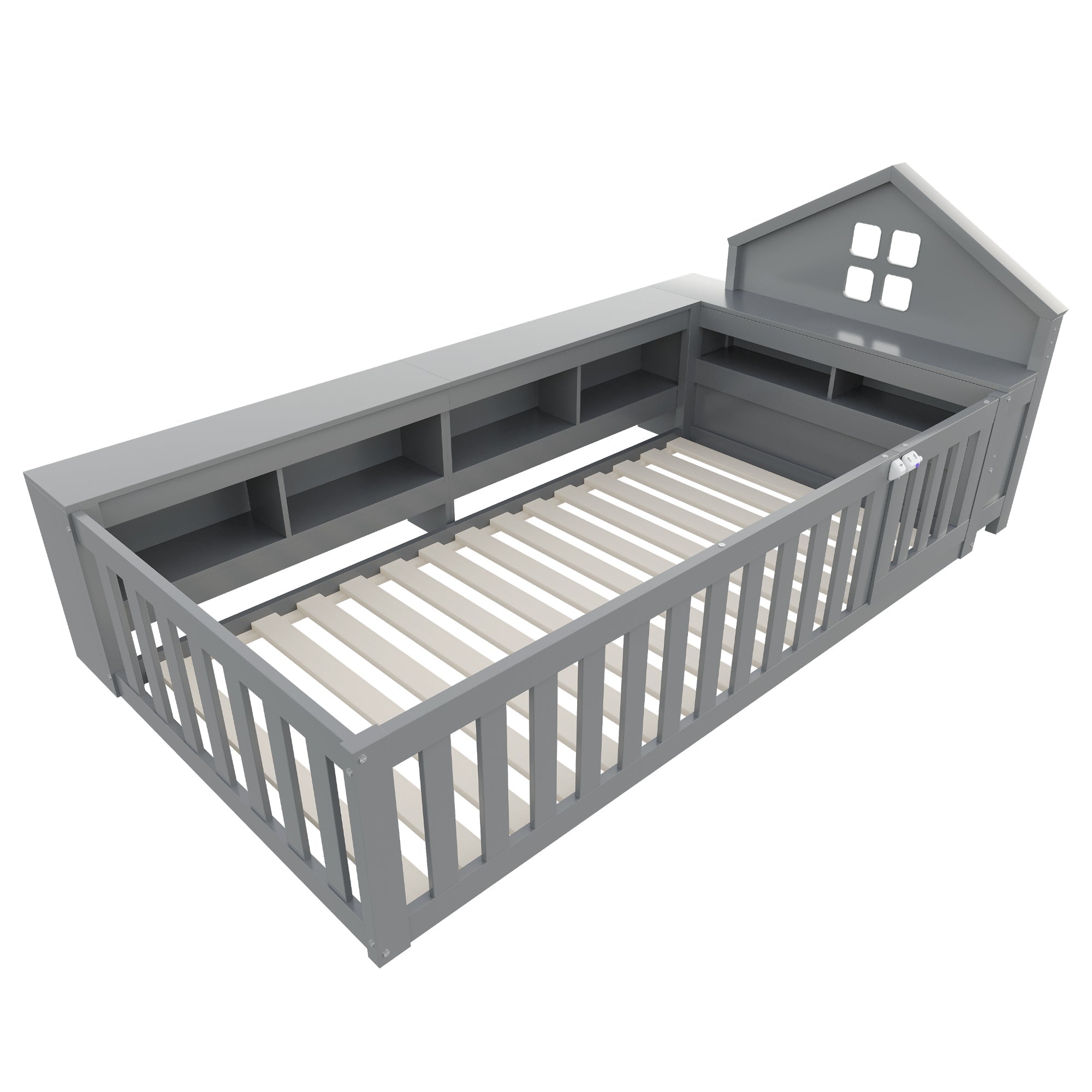 Children's Bed 90x200cm, Roof & Window, Storage, Safety Gate & Door, Solid Wood, Grey