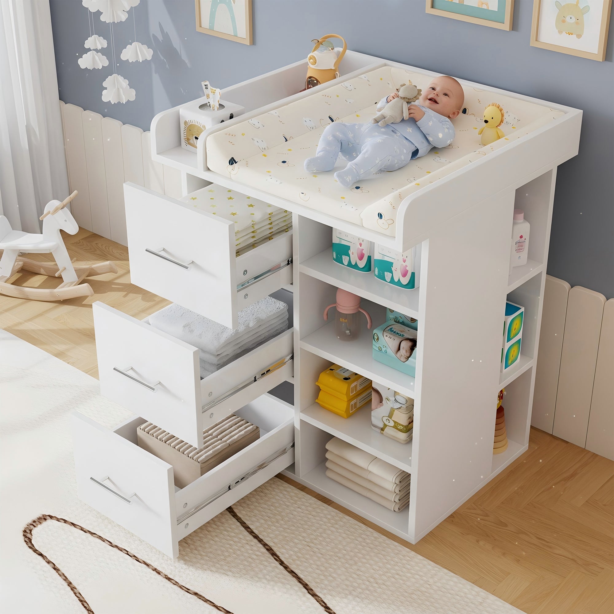 Changing Table with 3 Drawers and Side Storage, White