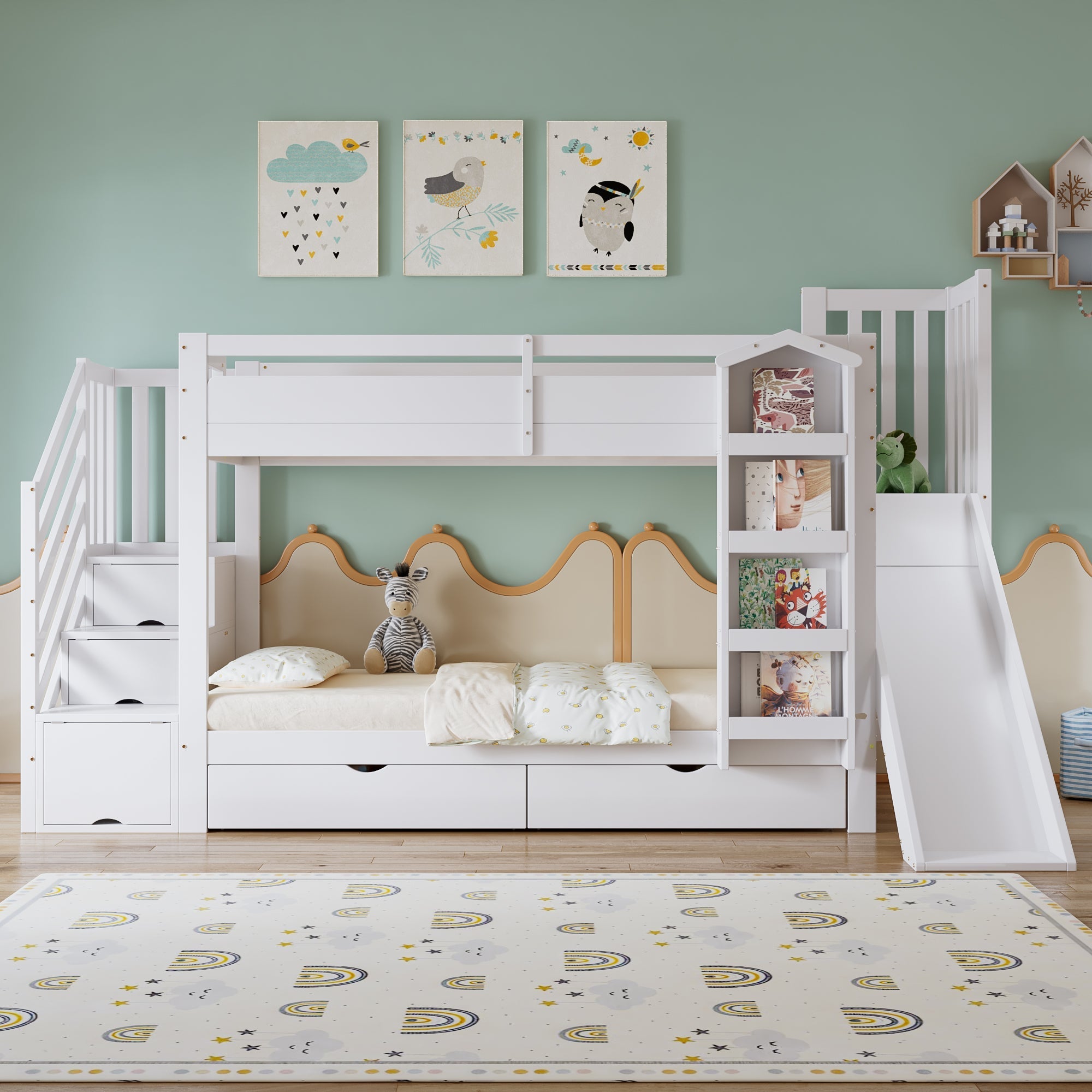 Bunk Bed with Slide, Stair Storage, Bookshelf and Drawers, 90x200cm, White Pine + MDF