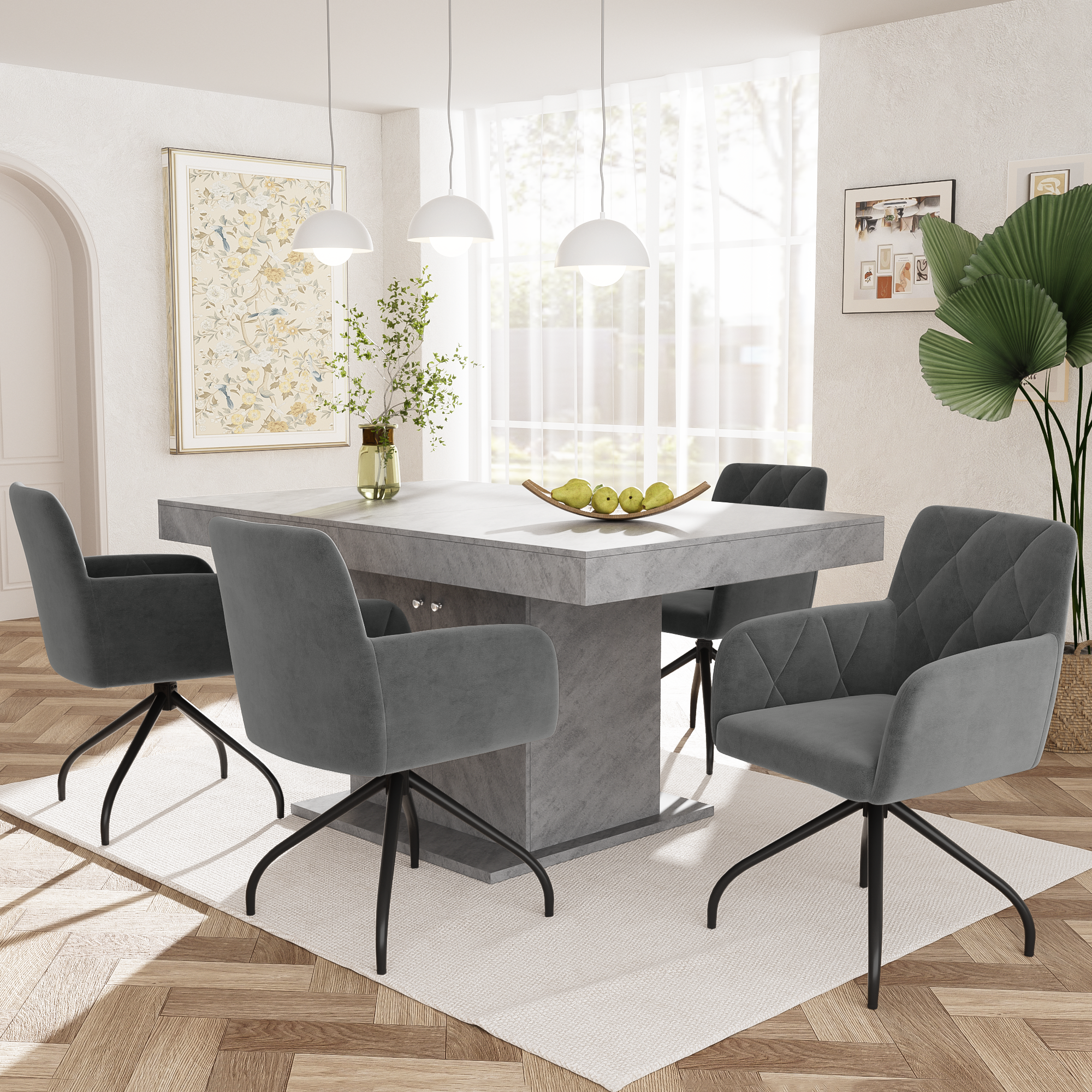 Set of 2 Swivel Dining Chairs Upholstered Diamond Pattern Lumbar Support Anthracite Velvet