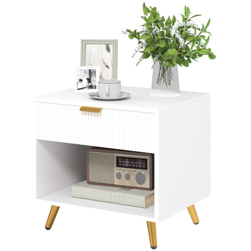 Bedside Table with Drawer and Shelf, Elegant White/Gold Tone