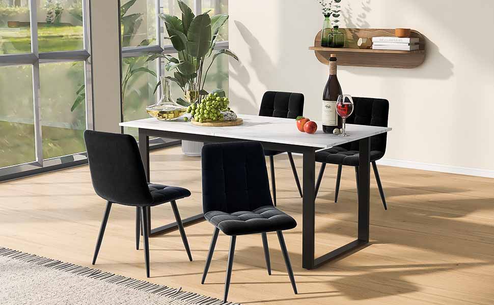 Dining Set Extendable 140/180cm Table with 4 Black Velvet Chairs White MDF and Black Legs