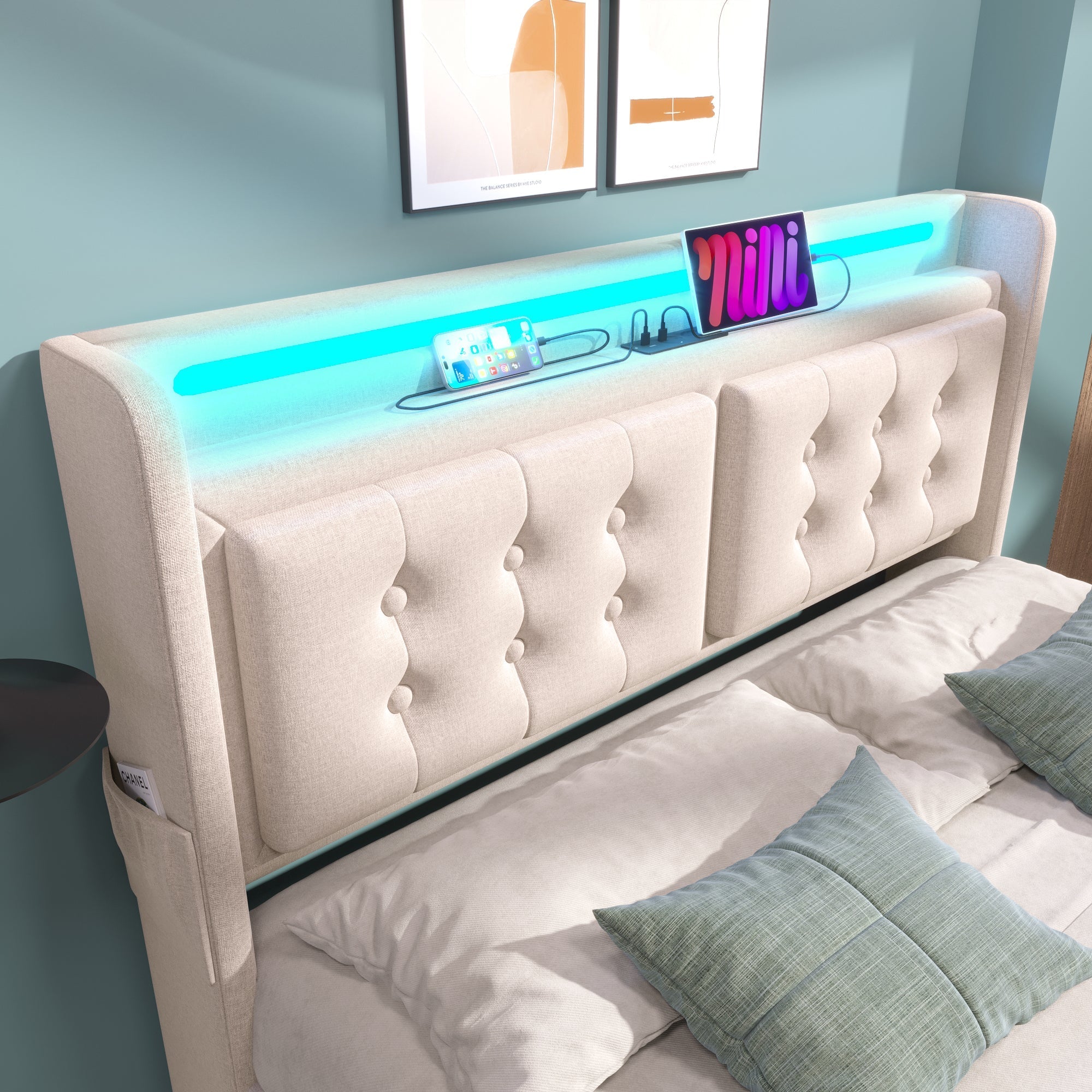 Upholstered Bed 180x200, LED Headboard with USB-C, Hydraulic, Beige Cotton