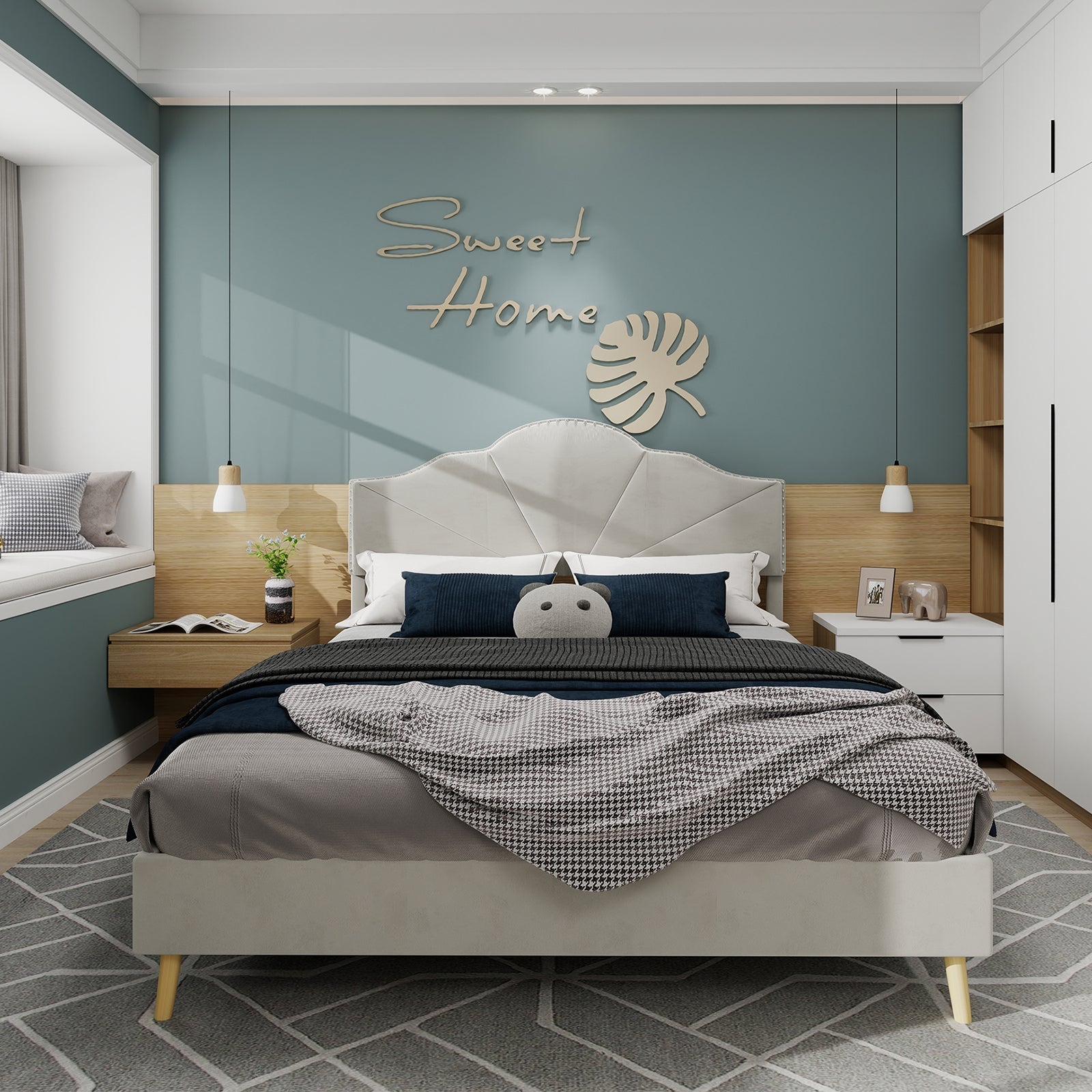 Modern Minimalist Soft Bed, Comfortable Headboard, 160x200CM, Beige