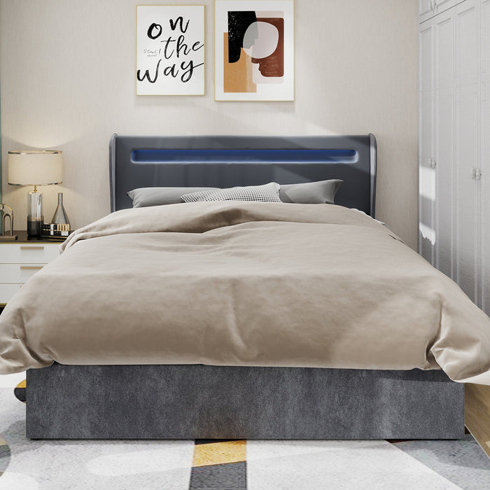Modern Minimalist Upholstered Bed, LED Headboard, 160x200cm, Grey