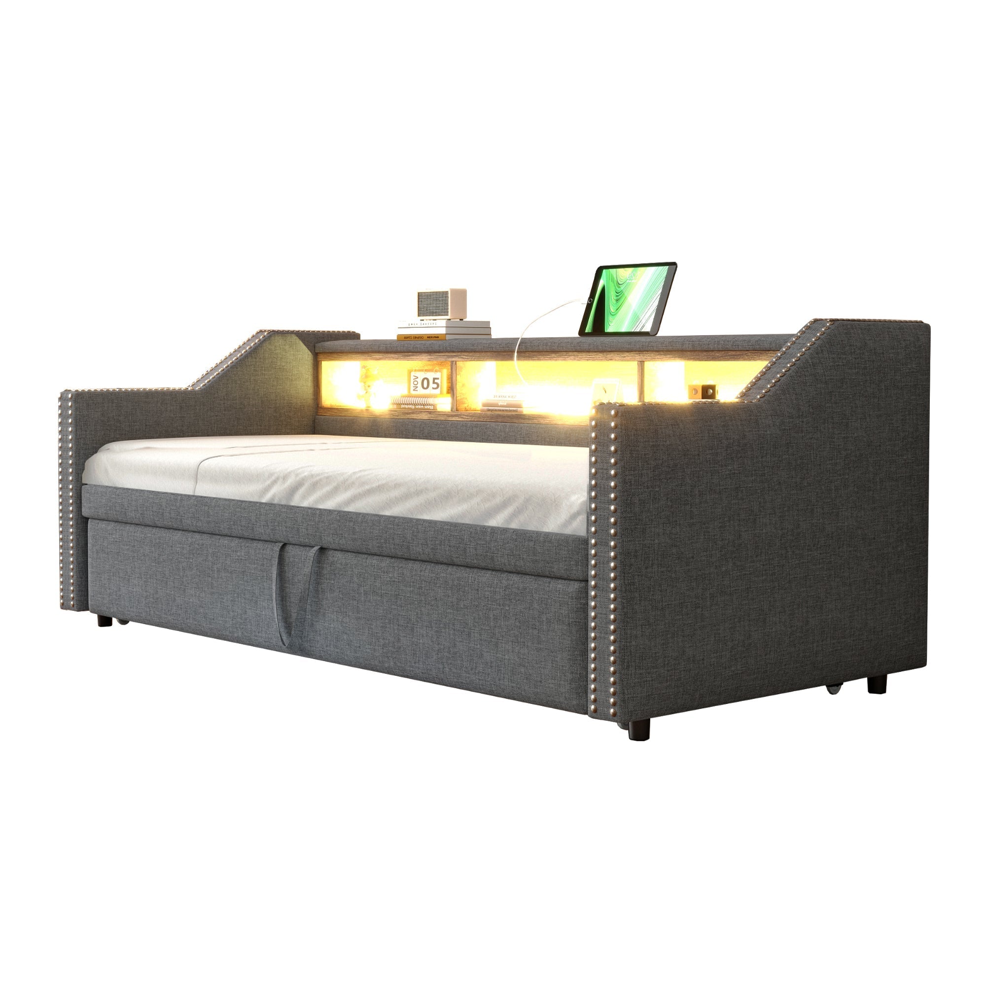 Upholstered Extendable Sofa Bed 90/180x190cm Storage LED USB - Dark Grey