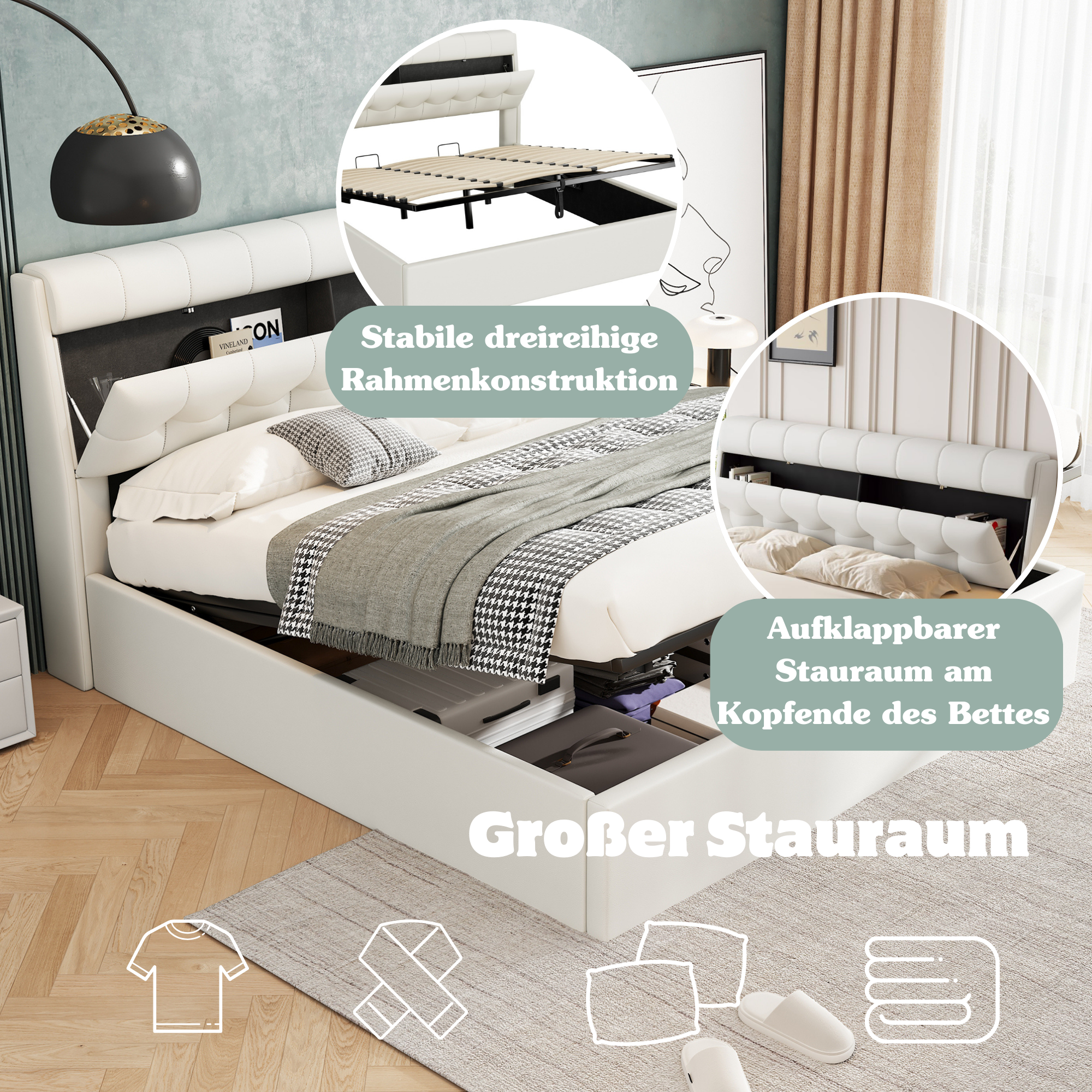 Upholstered Bed with Hydraulic Storage and Concealed Headboard Shelf, 180x200cm, White PU