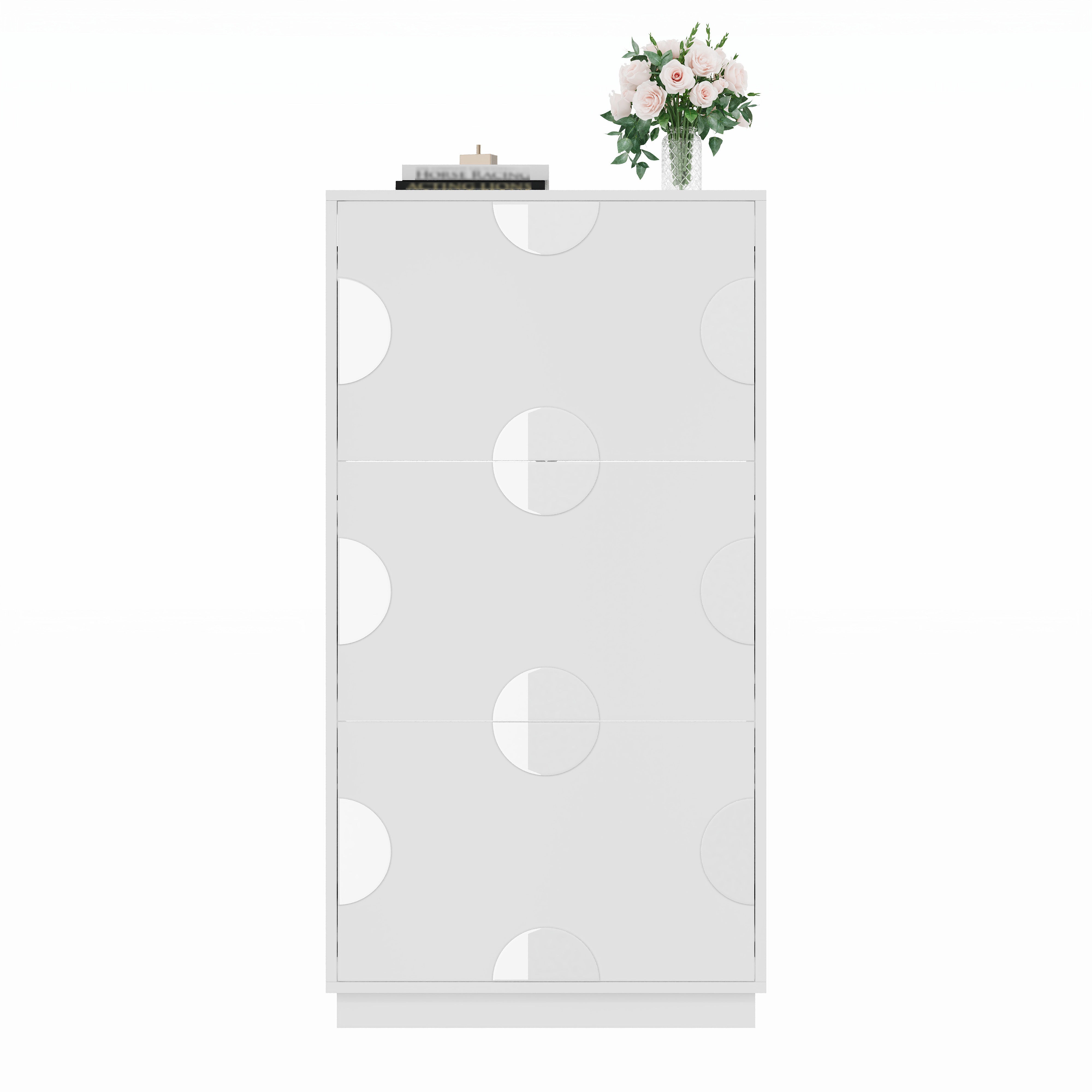Shoe Cabinet with 3 Doors and Round Mirror, Large Storage for Entryway, White