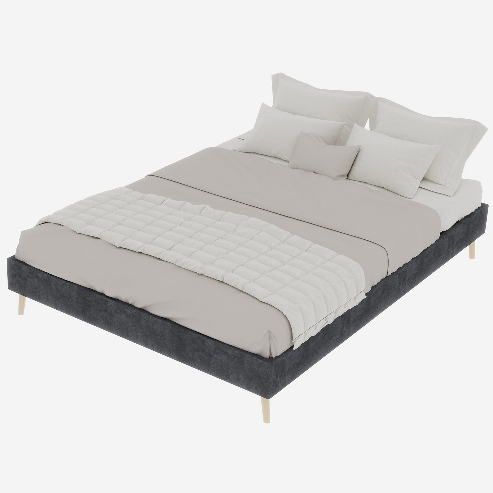 Modern Minimalist Bed Frame, 140x200 cm Low-Profile, Grey Dutch Velvet