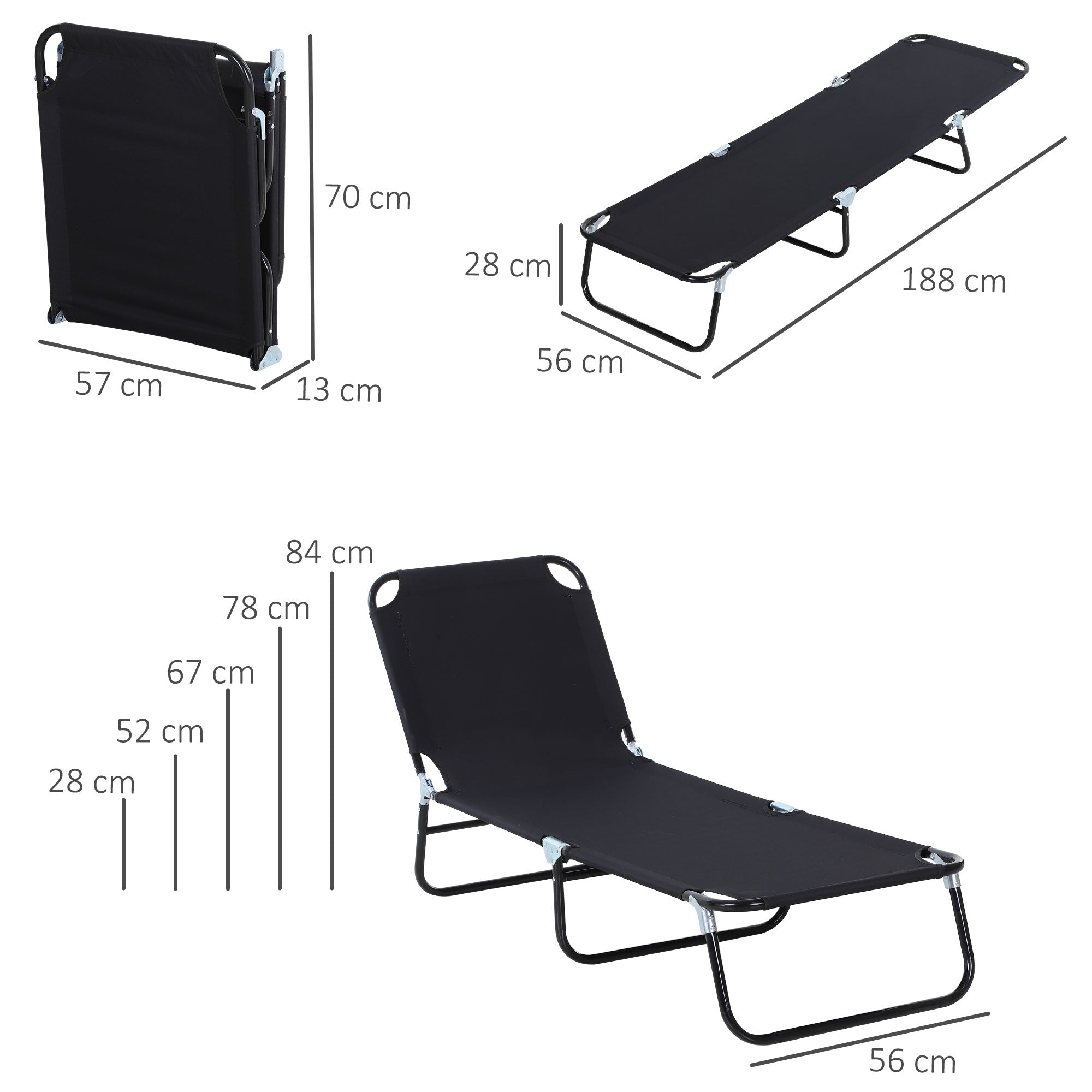 Sun Lounger Adjustable Backrest, Deck Chair, Camping, Garden/Balcony 188x56x28cm