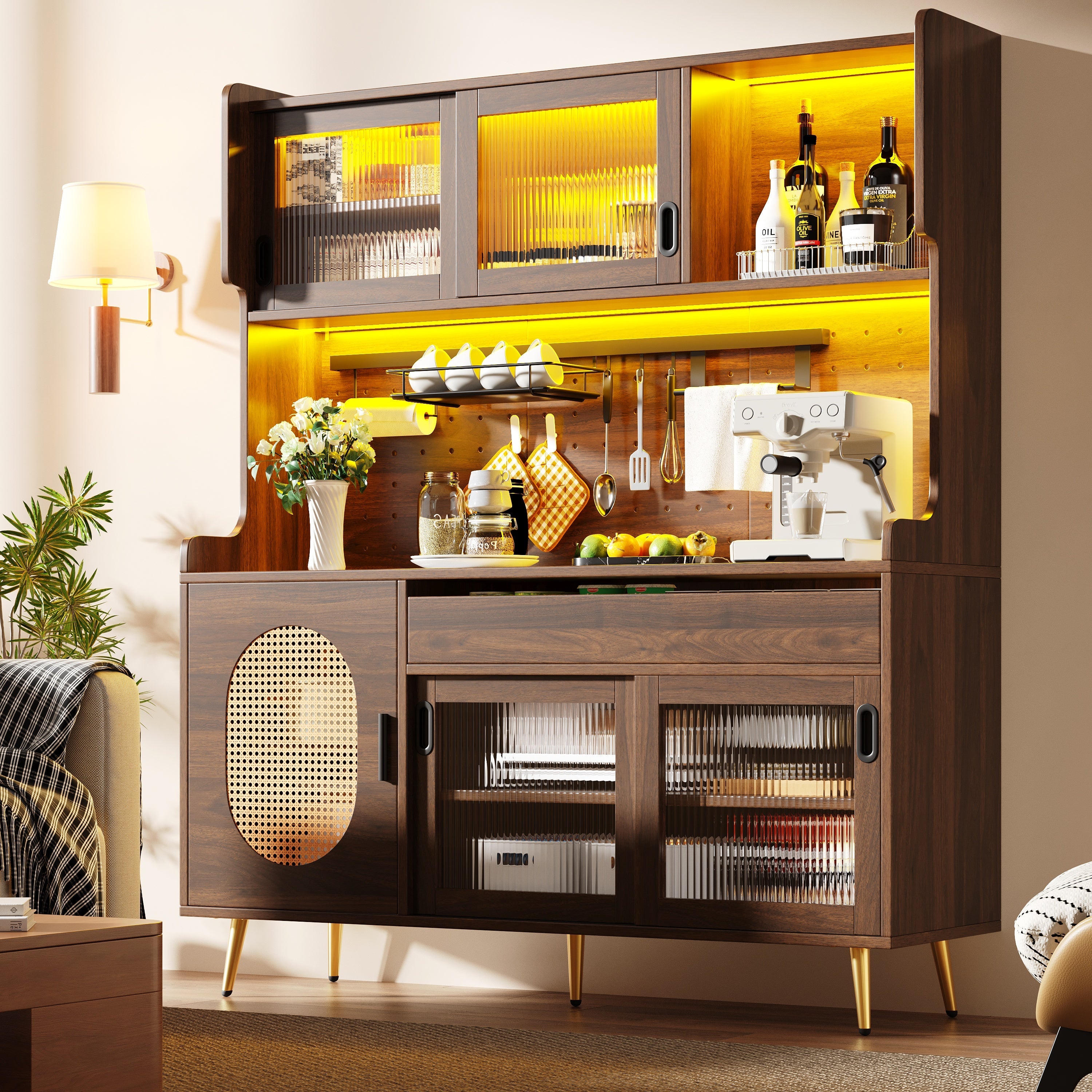 Sideboard Kitchen Buffet Cabinet with LED Strip and Fluted Glass Doors, Brown and Black