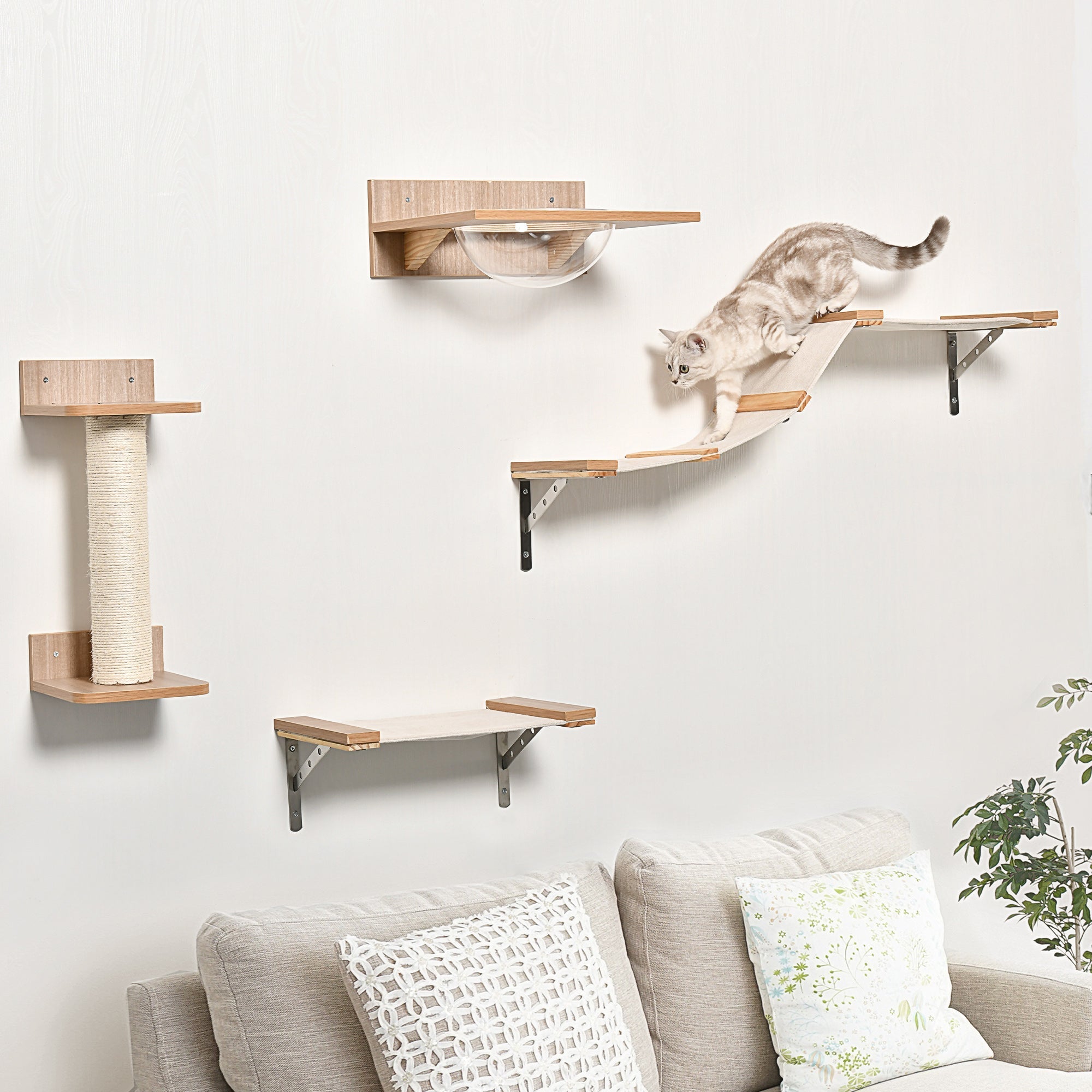 Cat Set with Scratching Post, Stairs & Hammock, Light Brown, Sisal, Acrylic, Pine