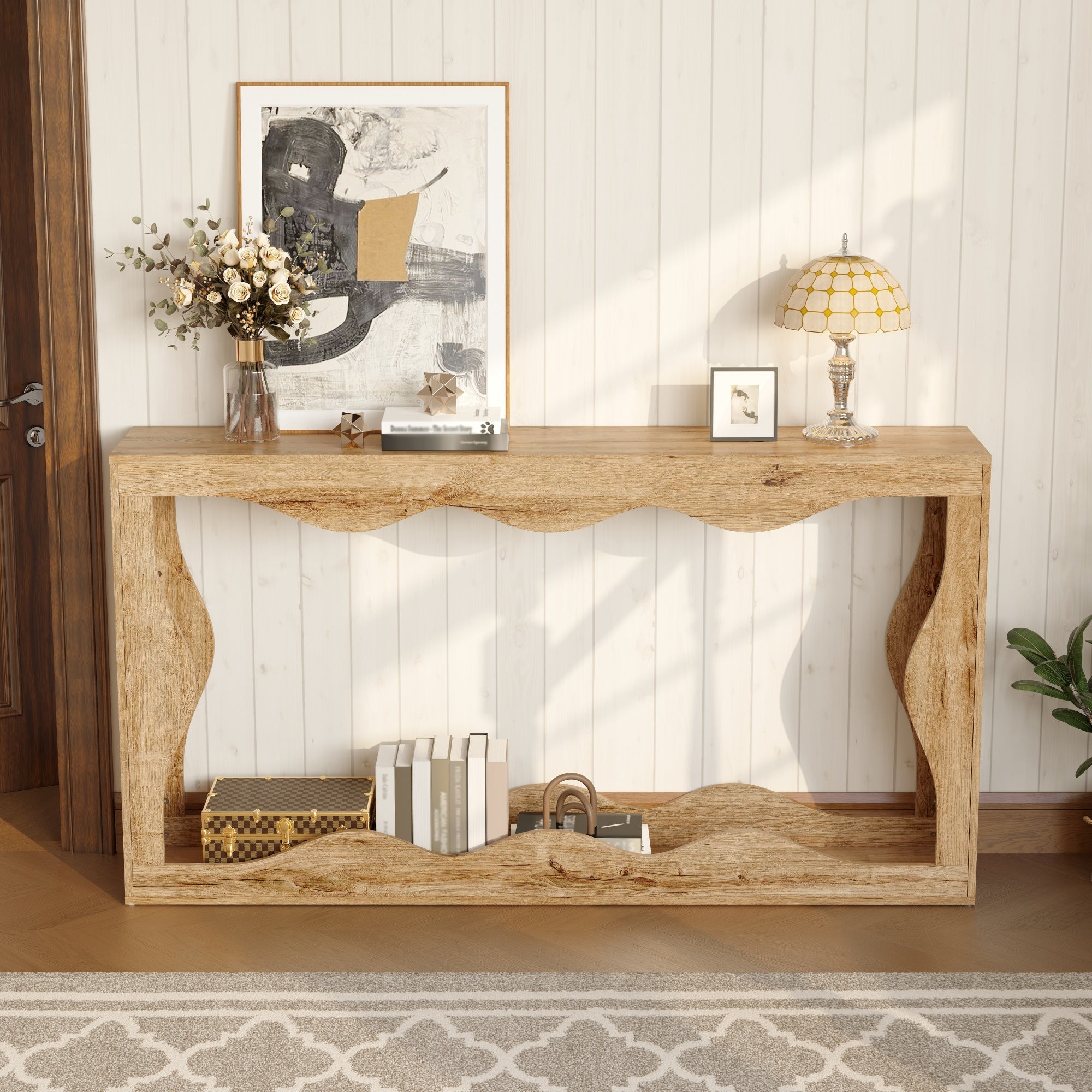 Wavy-Edge Console Table with 2-Tier Shelf and Natural Edge Design, Wood-Look