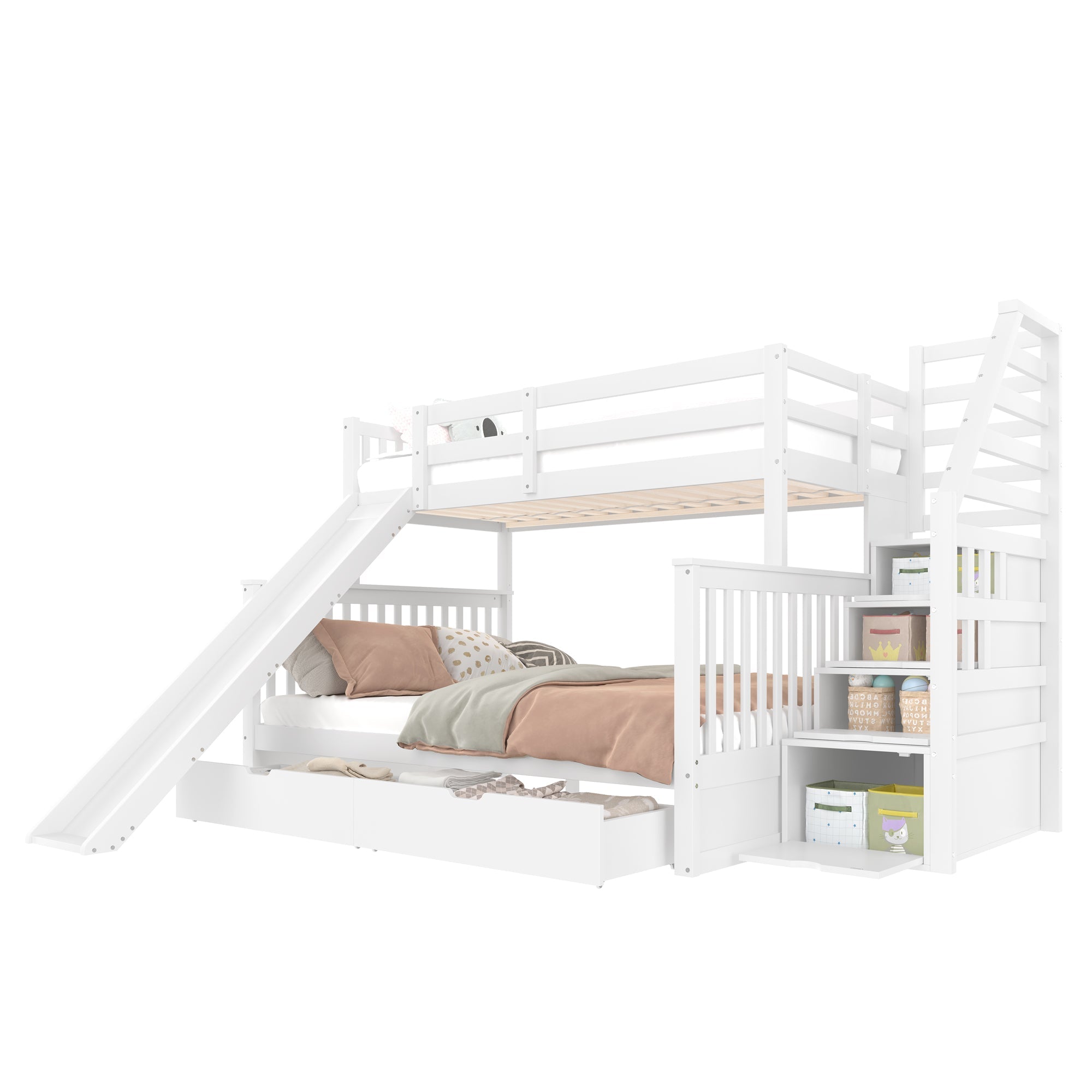 Bunk Bed 90x200 over 140x200 with Drawers Storage and Slide - White