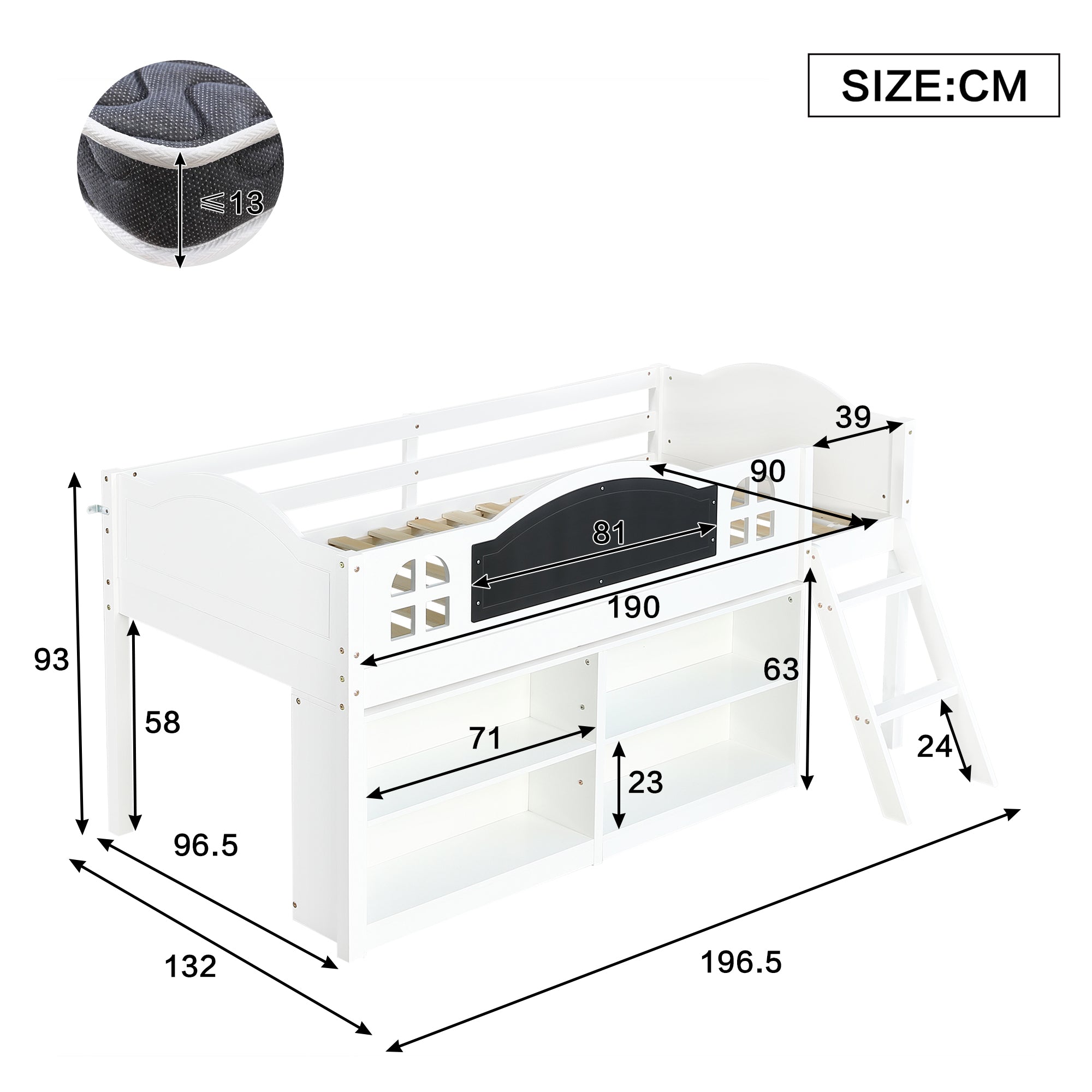 Wooden Storage Bed, 3ft Single with Blackboard and Staircase, White Pine/MDF