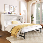 Wall Bed with Storage Drawer, USB Ports and Convertible Platform, Beige Linen
