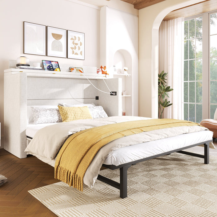 Wall Bed with Storage Drawer, USB Ports and Convertible Platform, Beige Linen