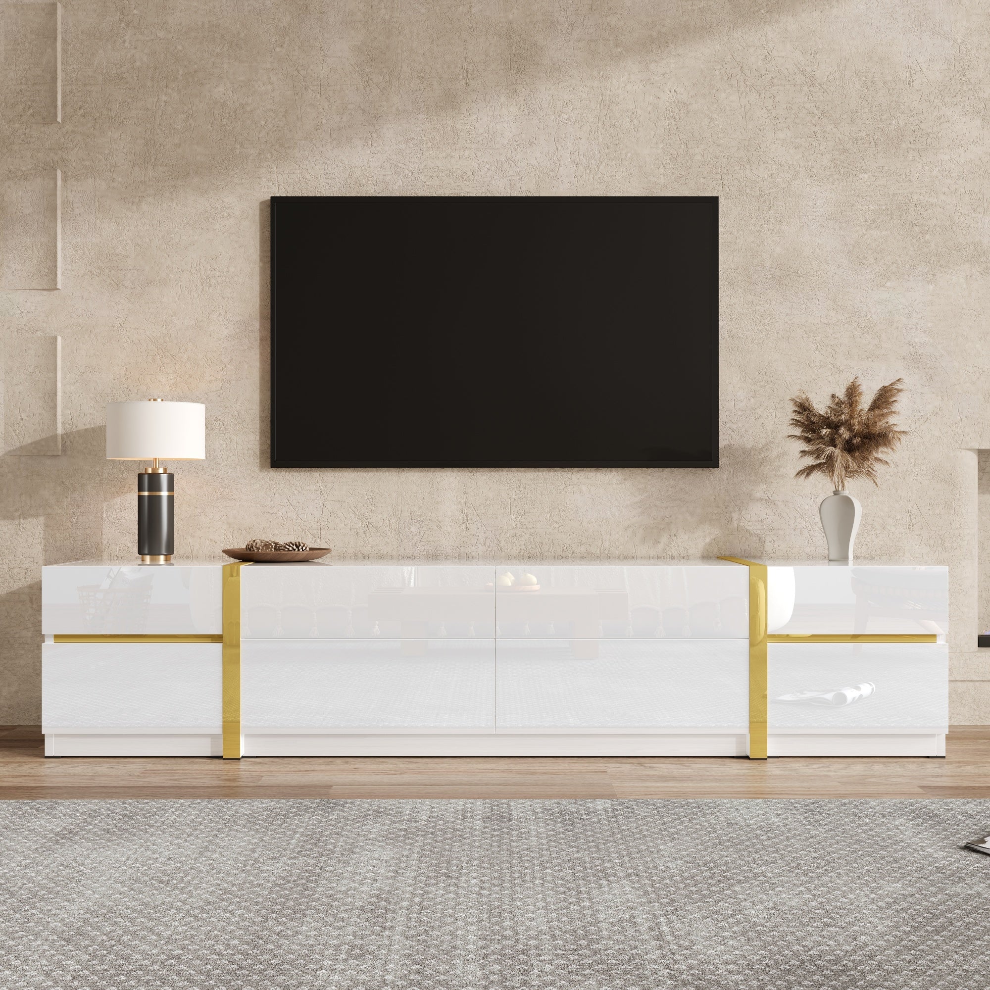 Luxurious TV Stand with Drawers and Doors, Modern Style, White High-Gloss and Gold