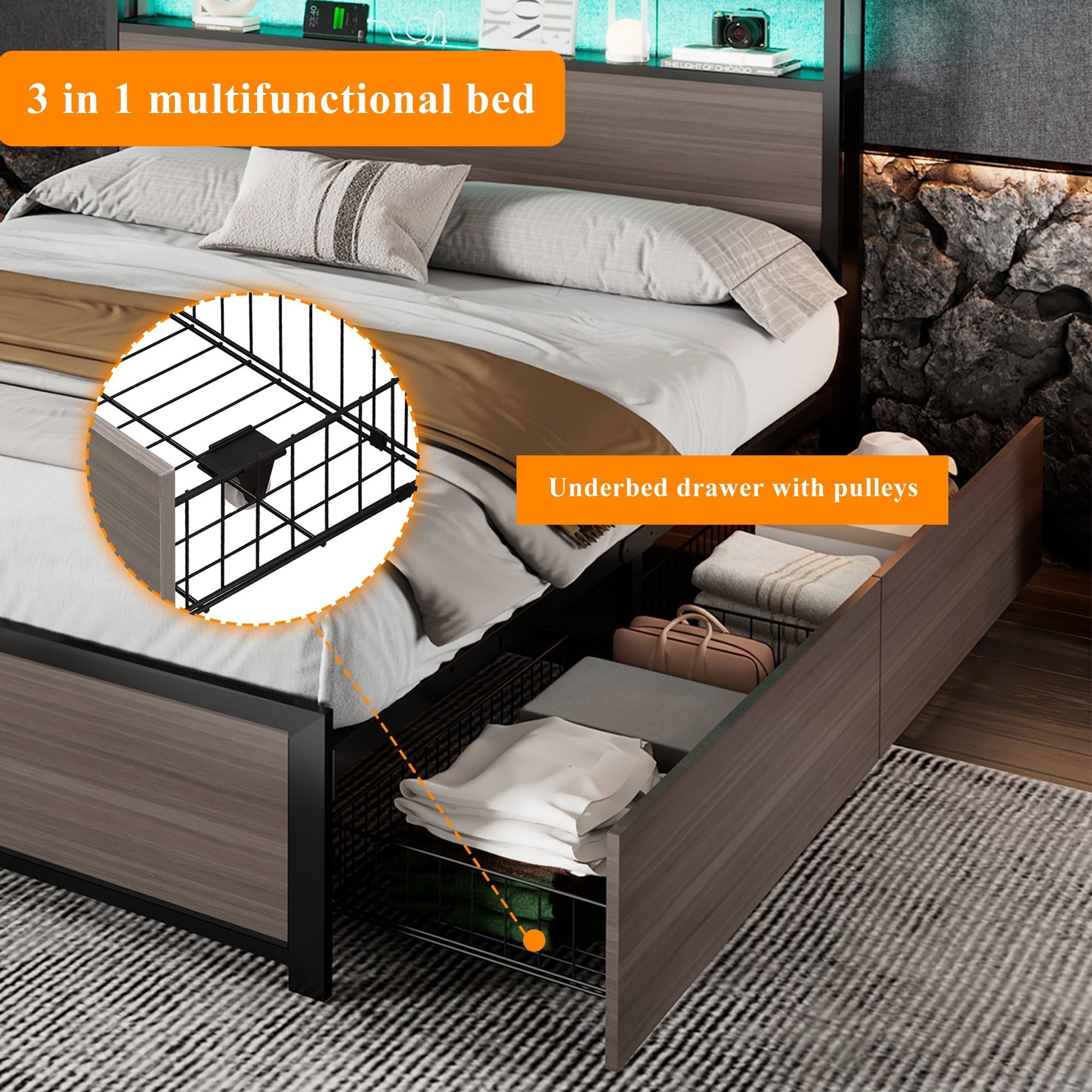 Metal Bed, 4ft6 Double with LED Lights, 4 Drawers, and USB/Type C Ports, Wrought Iron Grey