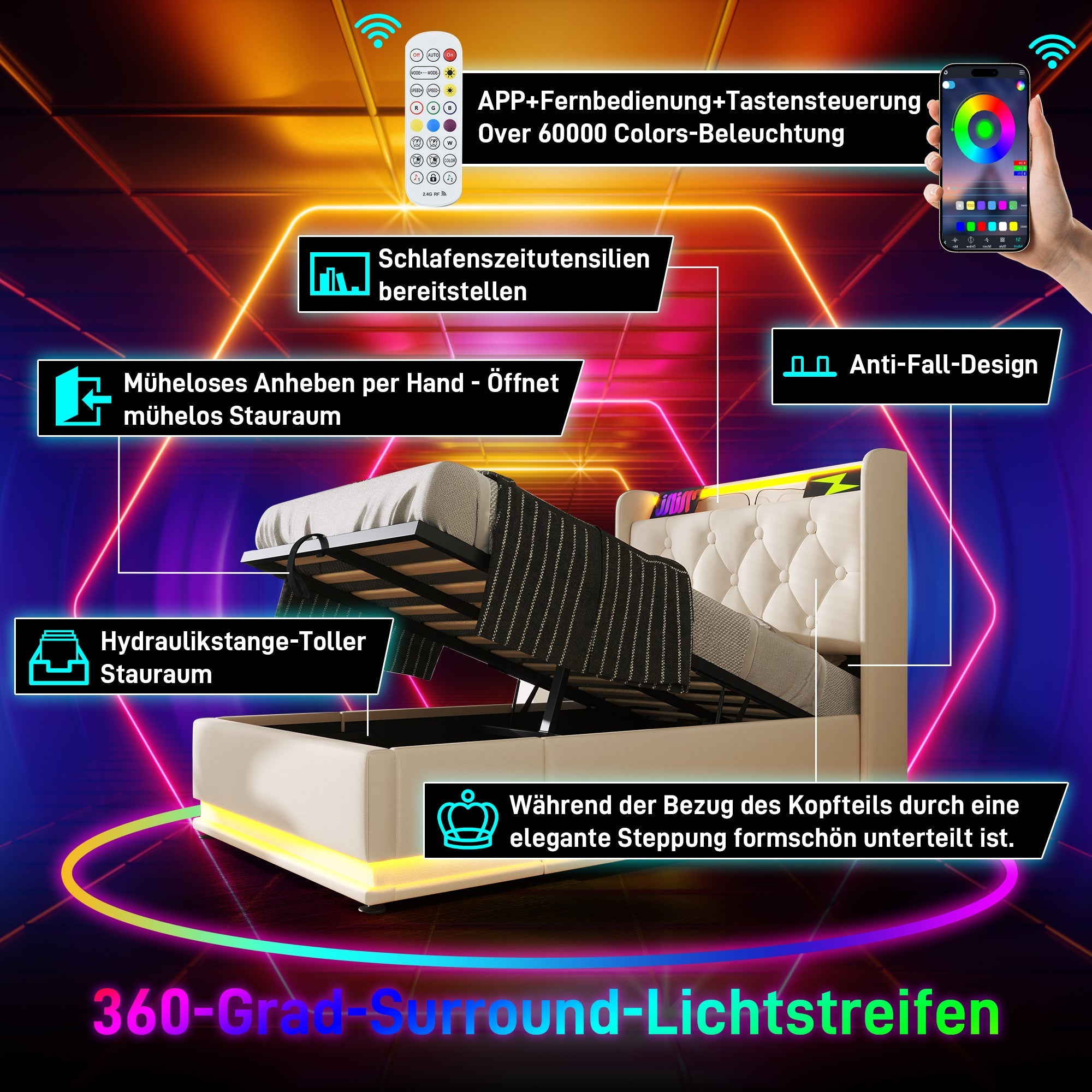 Upholstered Double Bed with Hydraulic Storage, 360° LED and USB Type-C, 140x190cm, White PU Leather