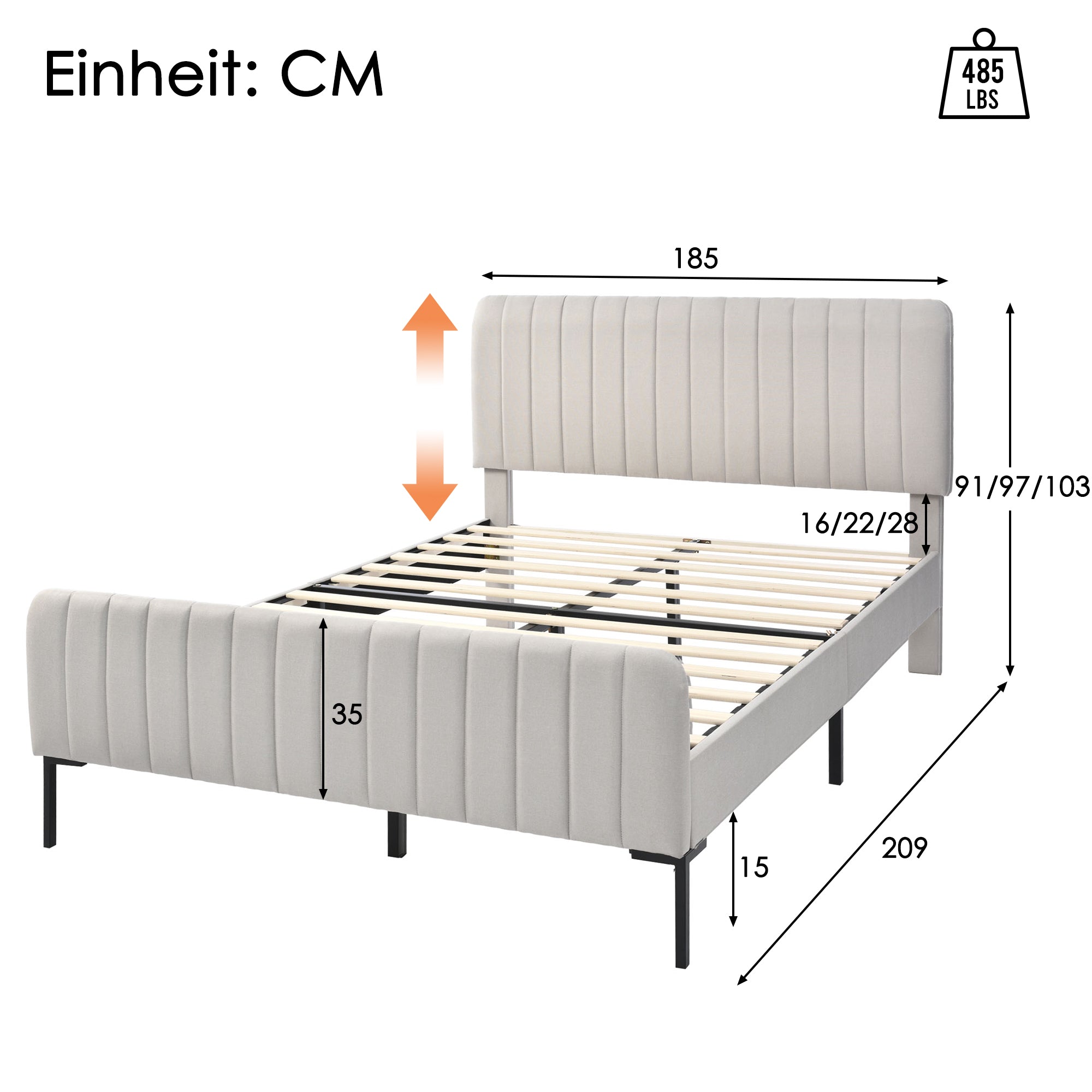Upholstered Bed Double Bed 180x200cm with Slatted Base and Adjustable Headboard, Grey-Beige Linen