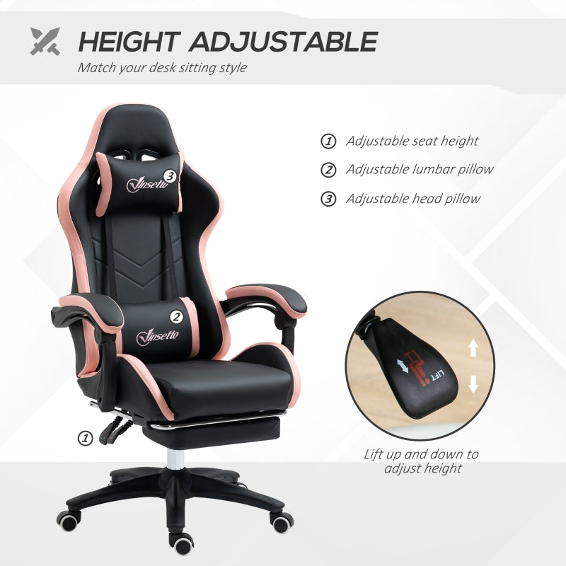 Computer Gaming Chair, 135° Reclining Footrest Lumbar Support, Black and Pink PU Leather