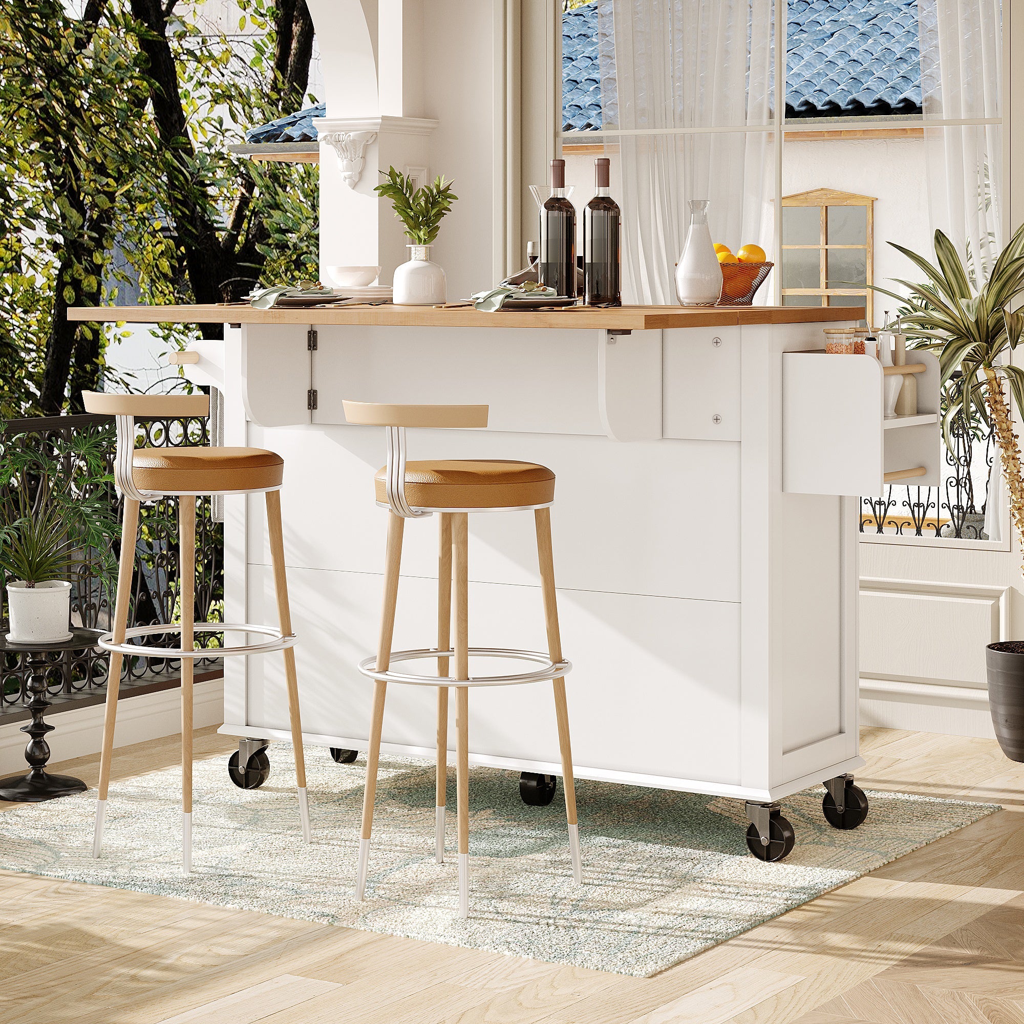 Kitchen Island Multifunctional with Wheels Glass Doors, White