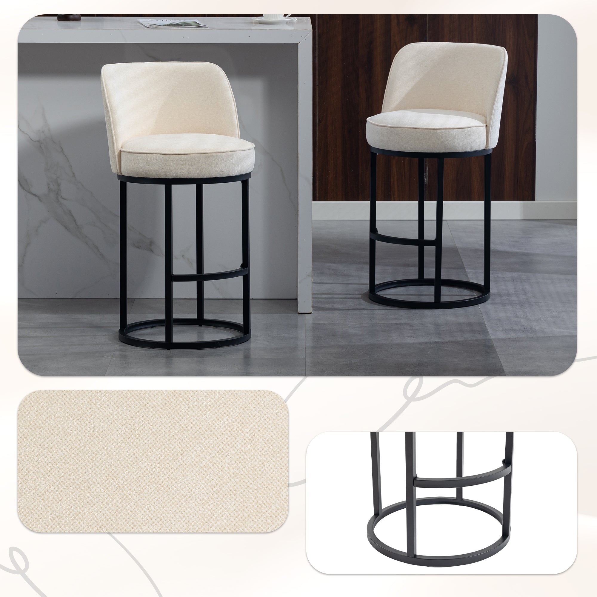 Modern Bar Stools with Ergonomic Backrest and Metal Legs, Set of 2, Linen