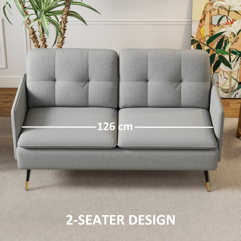 Modern Two Seater Sofa, Button Tufted Loveseat with Steel Legs, Grey