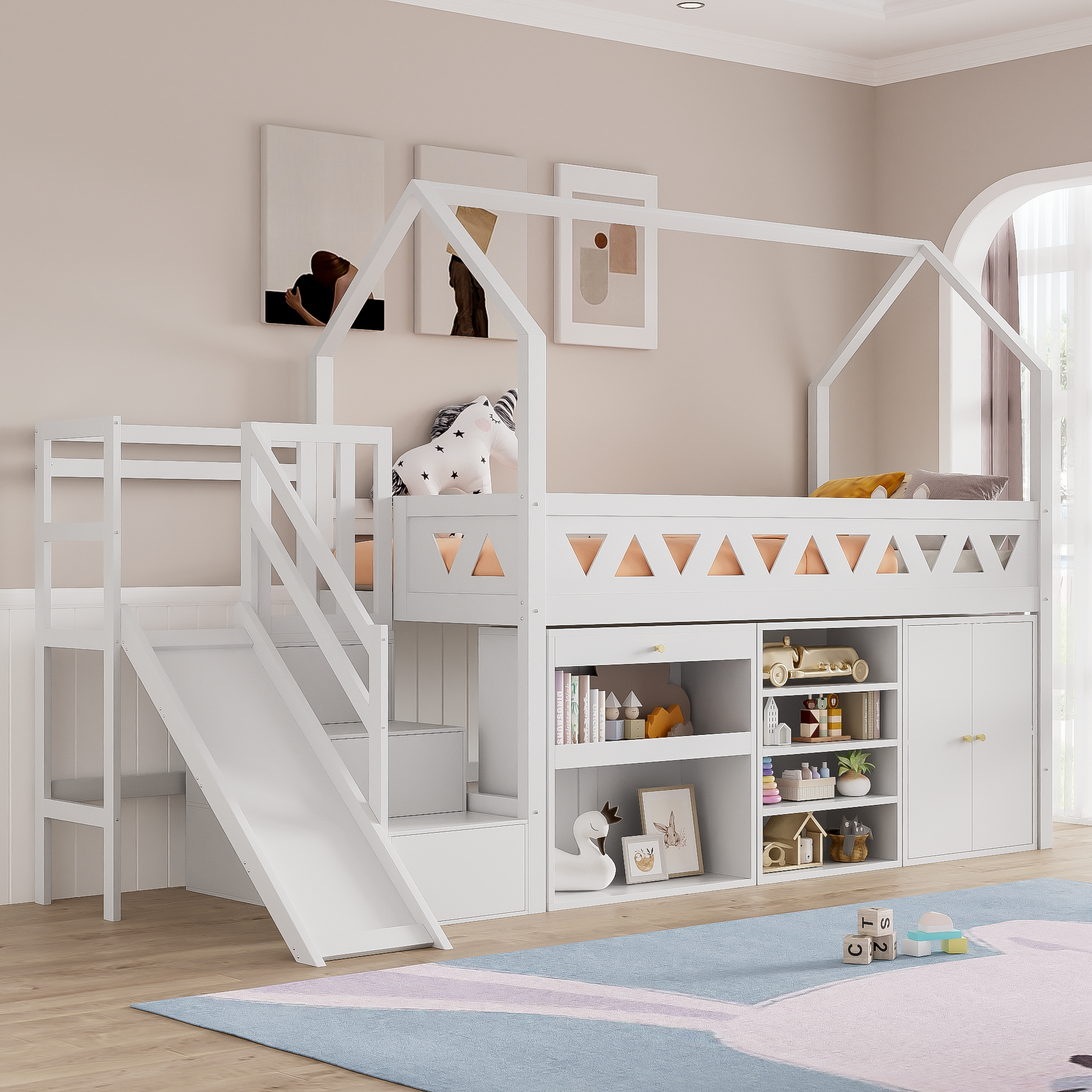 Children's Bed 90x200cm with Slide Stairs Drawers Locker - Solid Wood White