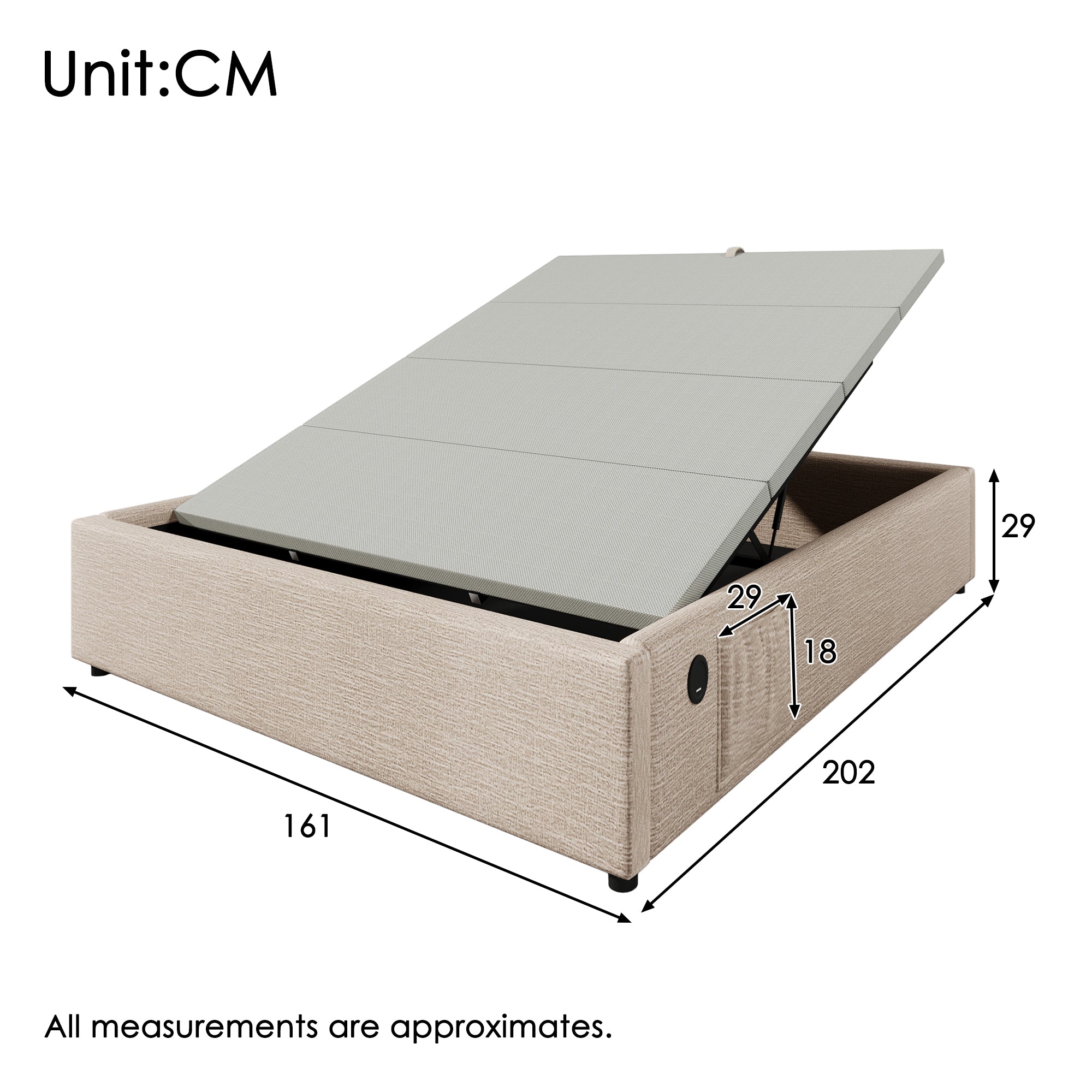 Upholstered Double Bed with Storage and USB-C, 160x200cm, Natural Linen