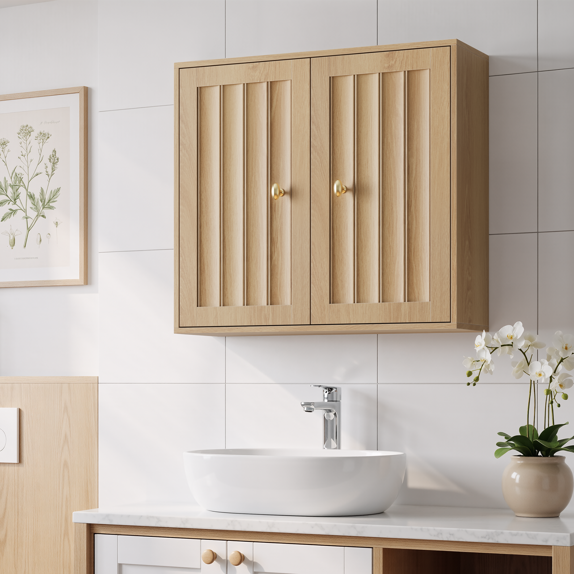 Wall-Mounted Bathroom Cabinet, Two-Door Medicine Cabinet with Vertical Groove Design, Oak