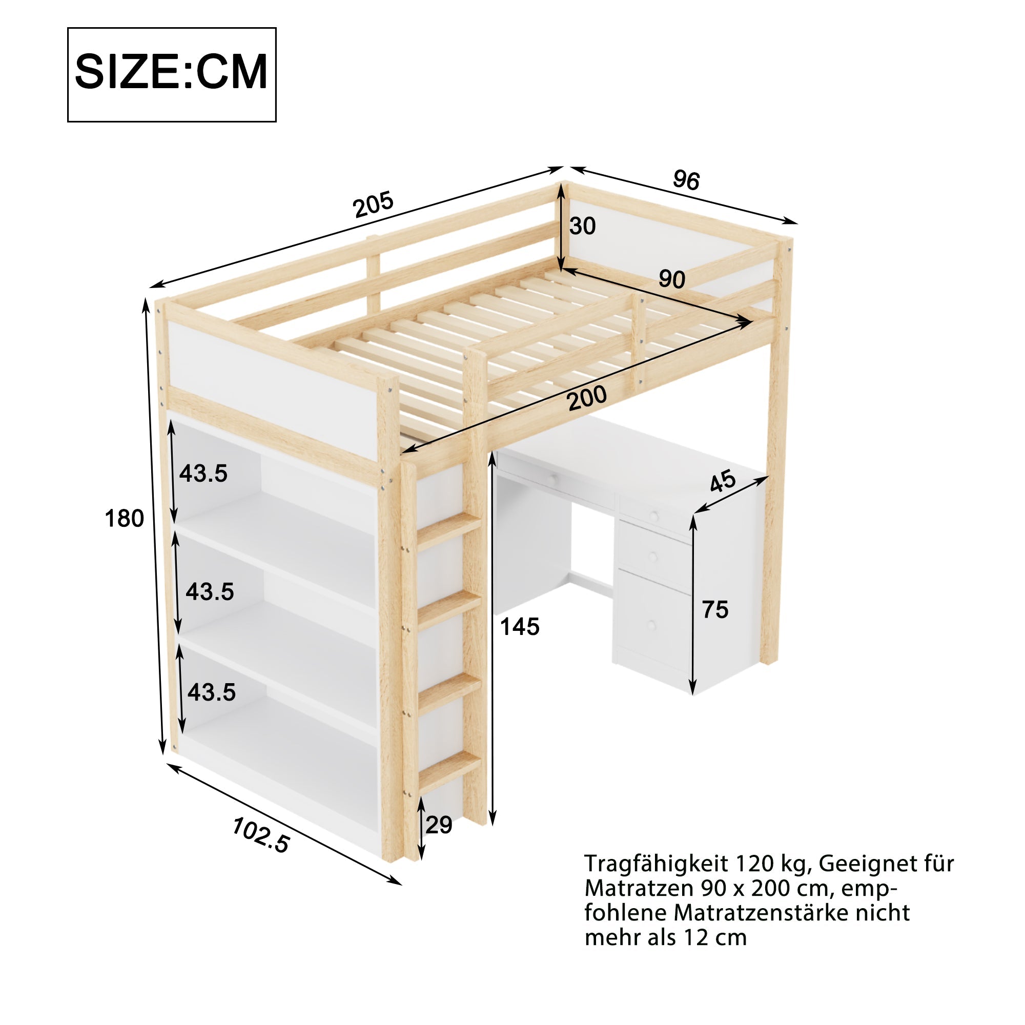 Loft Bed, Multifunctional with Storage & Desk, 90x200cm Wood