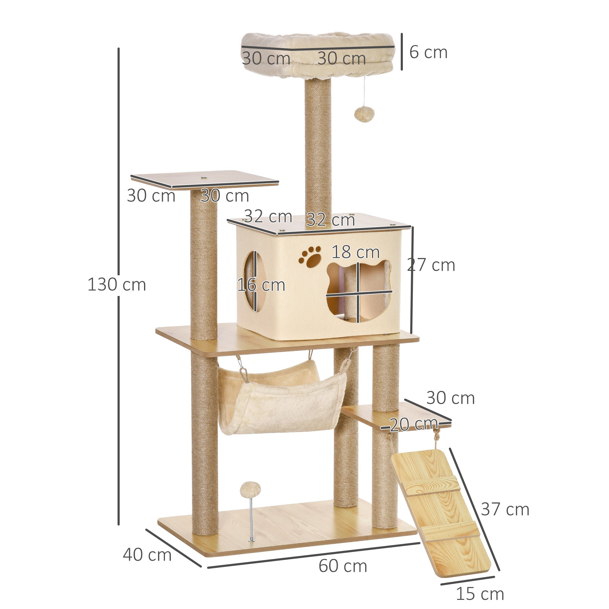 Cat Tree Wood with Climbing & Cave, Jute Posts, 60x40x130cm, Yellow