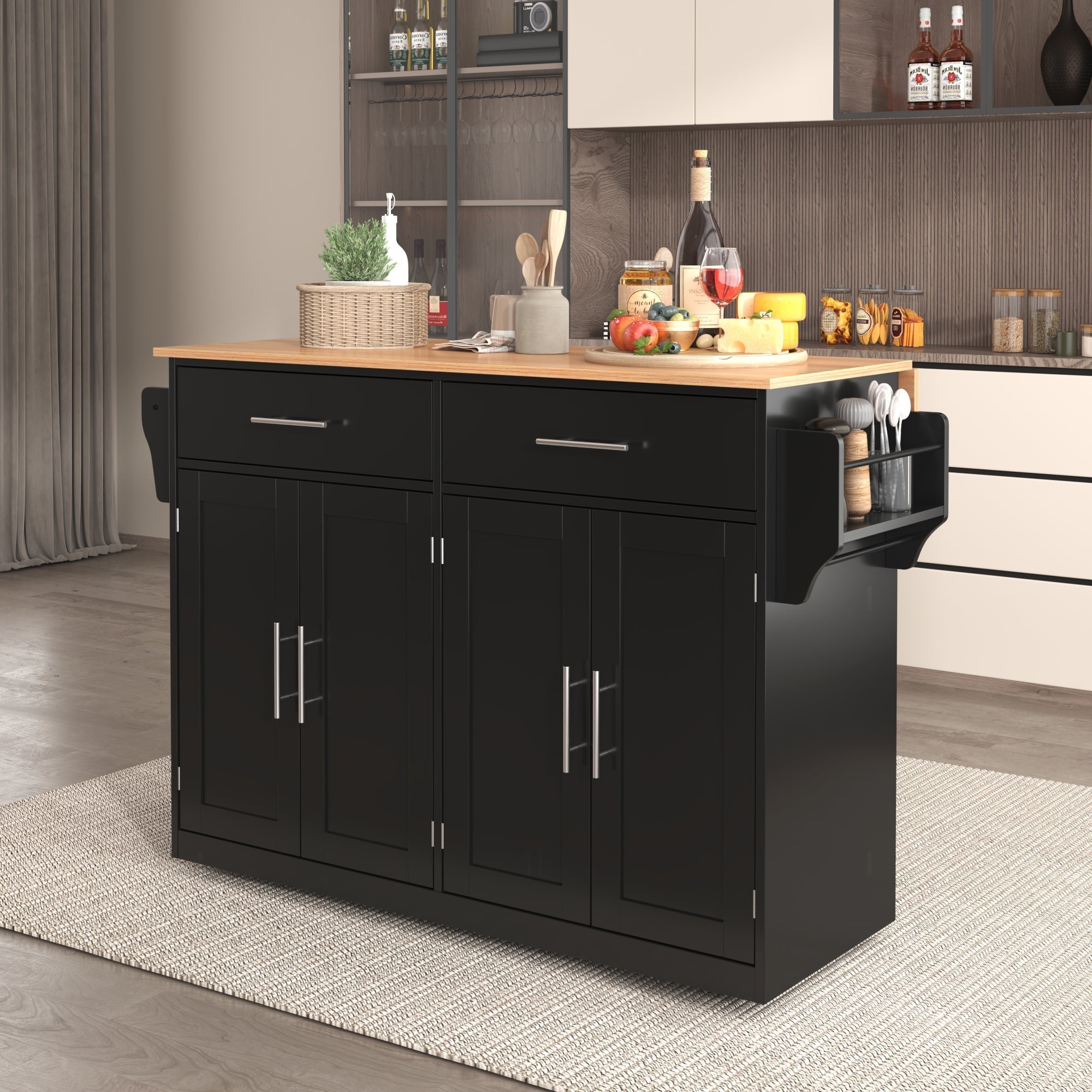 Serving Trolley 120cm Folding Tabletop Casters Wood Legs Black