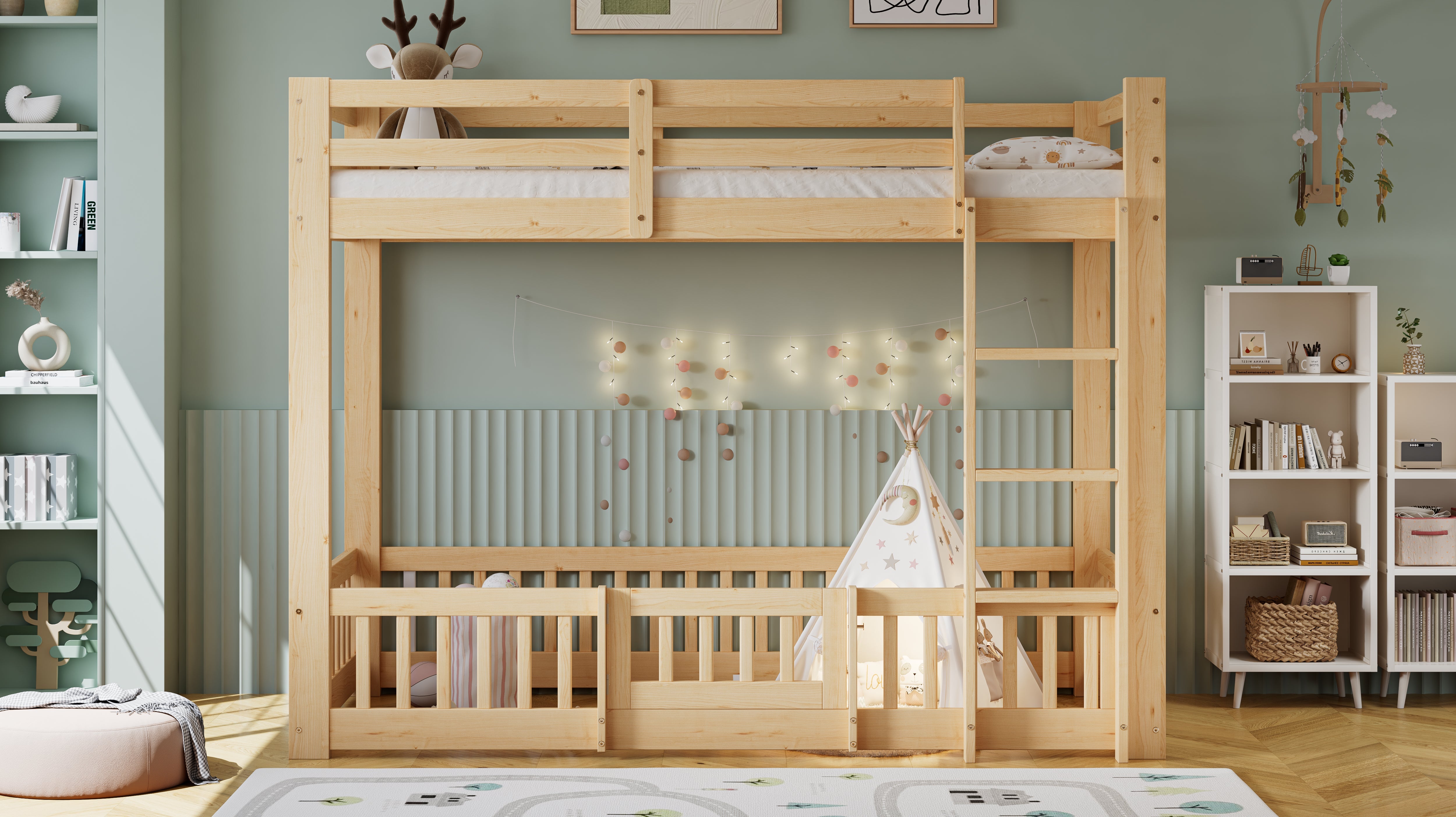 Bunk Bed, Wooden with Stairs, Railing, Fall Protection, Pine