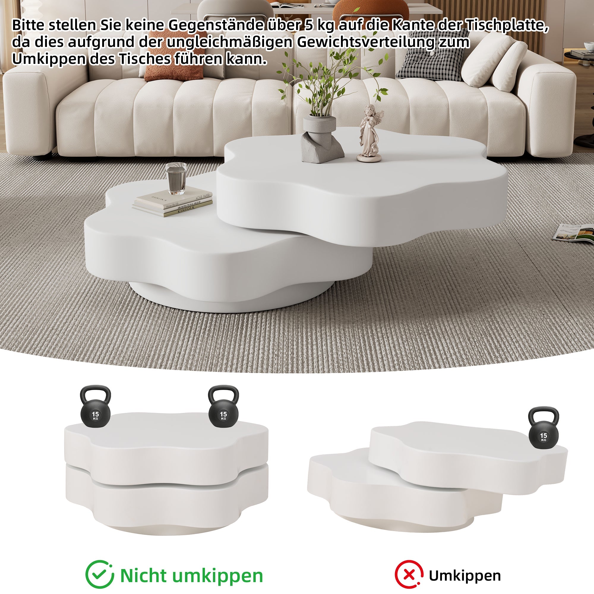 Flower Coffee Table 360° Rotating Double-Layered Storage MDF Cream White