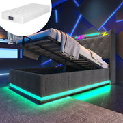 Upholstered Single Bed, Hydraulic Storage LED USB-C Headboard 90x200 cm, Grey Linen