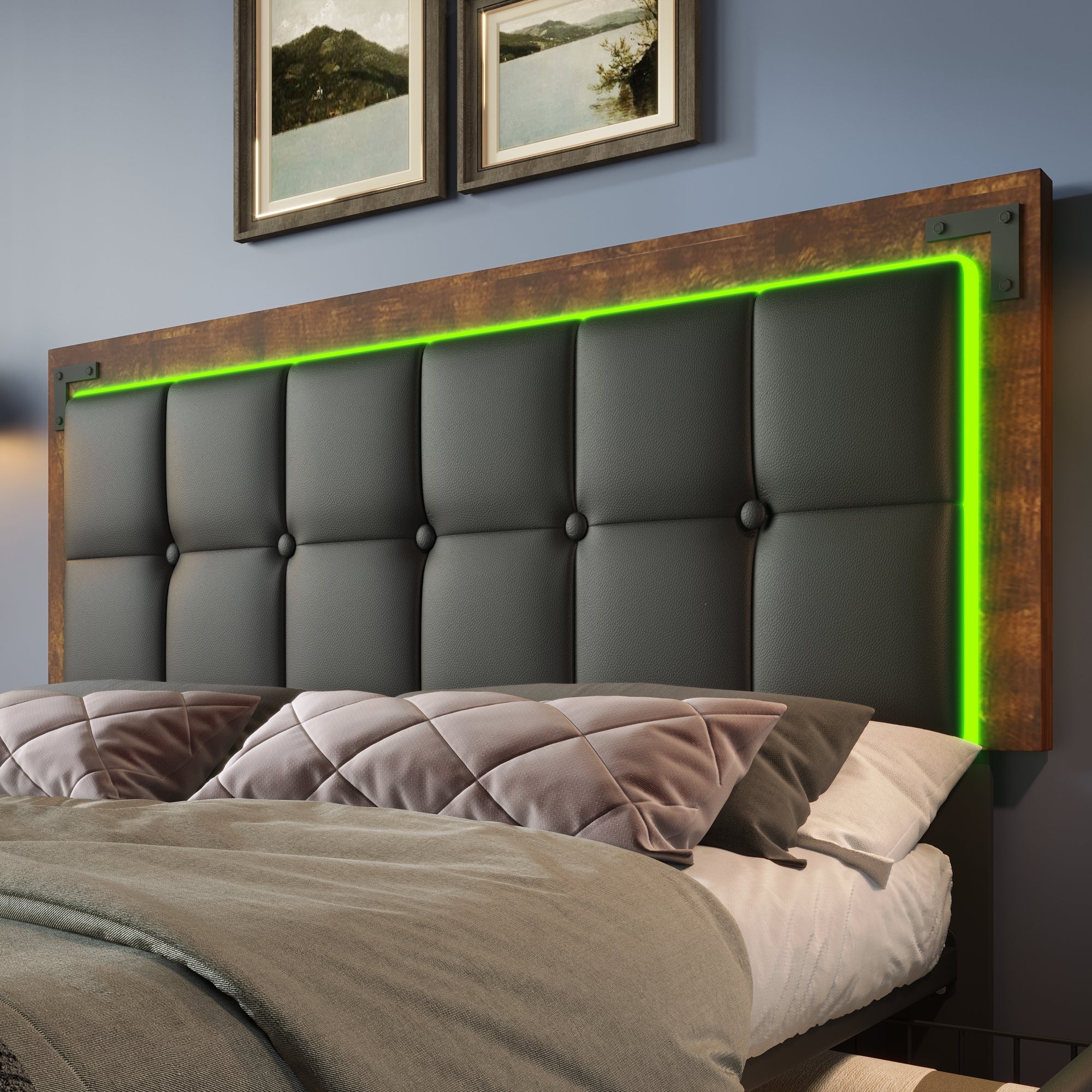 Bed Frame, LED, 4-Drawer, Adjustable Headboard, 160x200cm PU Black