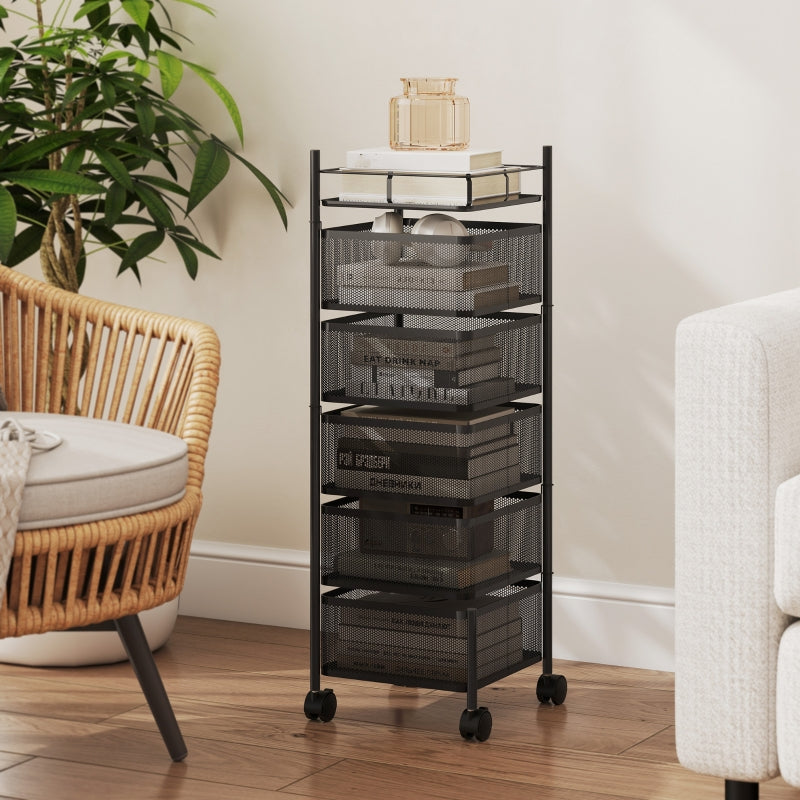Kitchen Trolley with 5 Rotating Baskets and 4 Swivel Casters, Black Metal