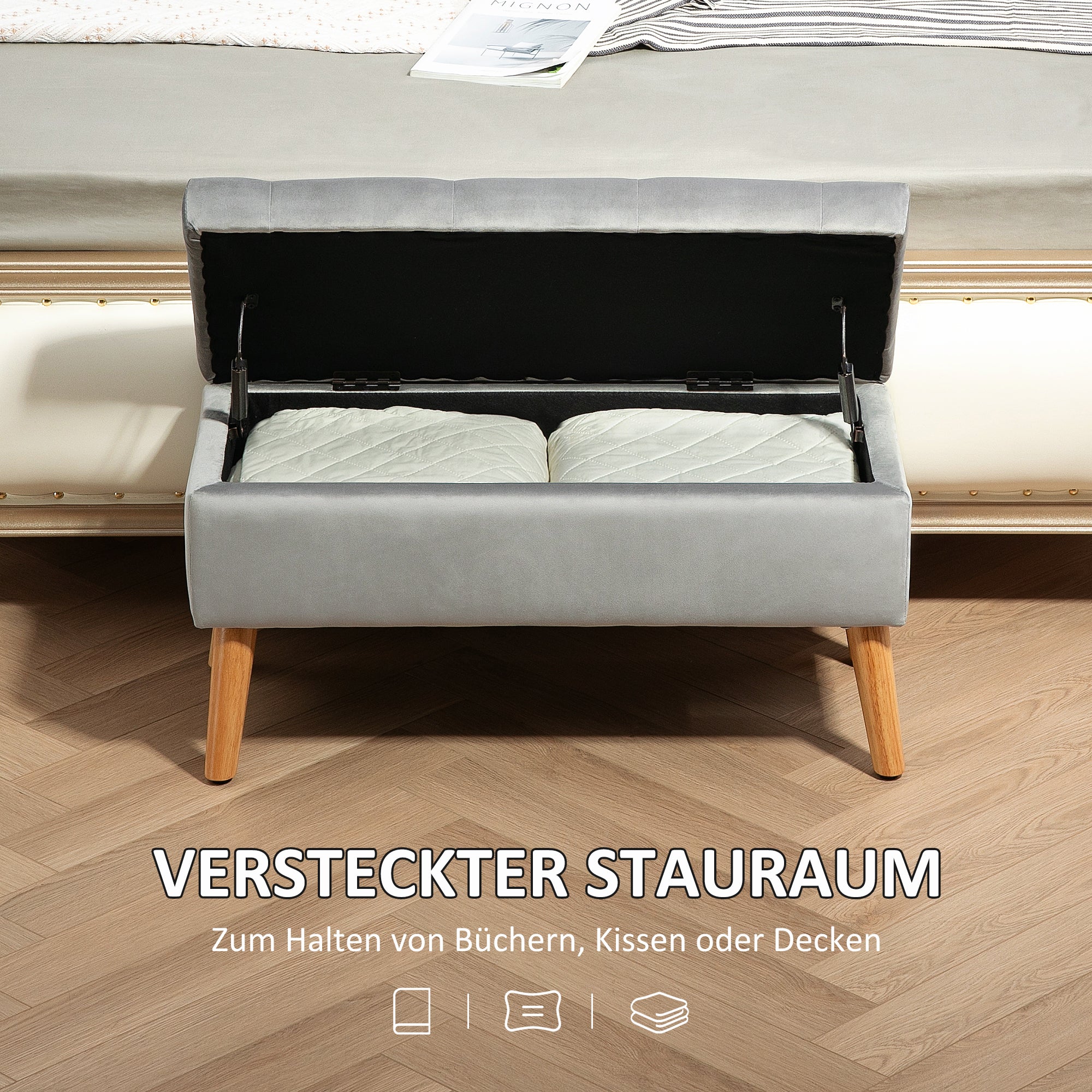Storage Bench, Upholstered Velvet Look Bed Bench with Lid, Rubberwood Grey