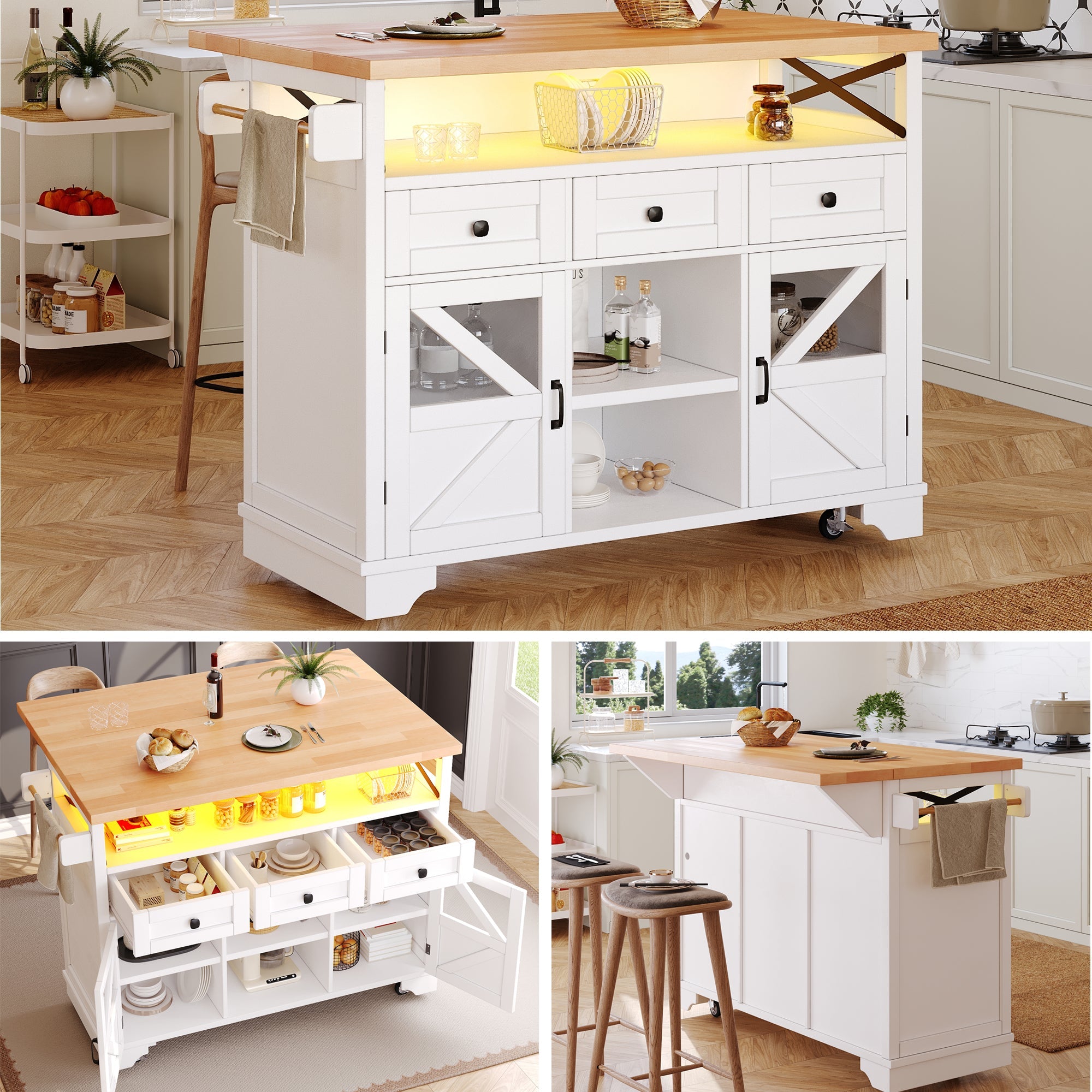 Multifunctional Kitchen Trolley App LED Folding Table 3 Drawers