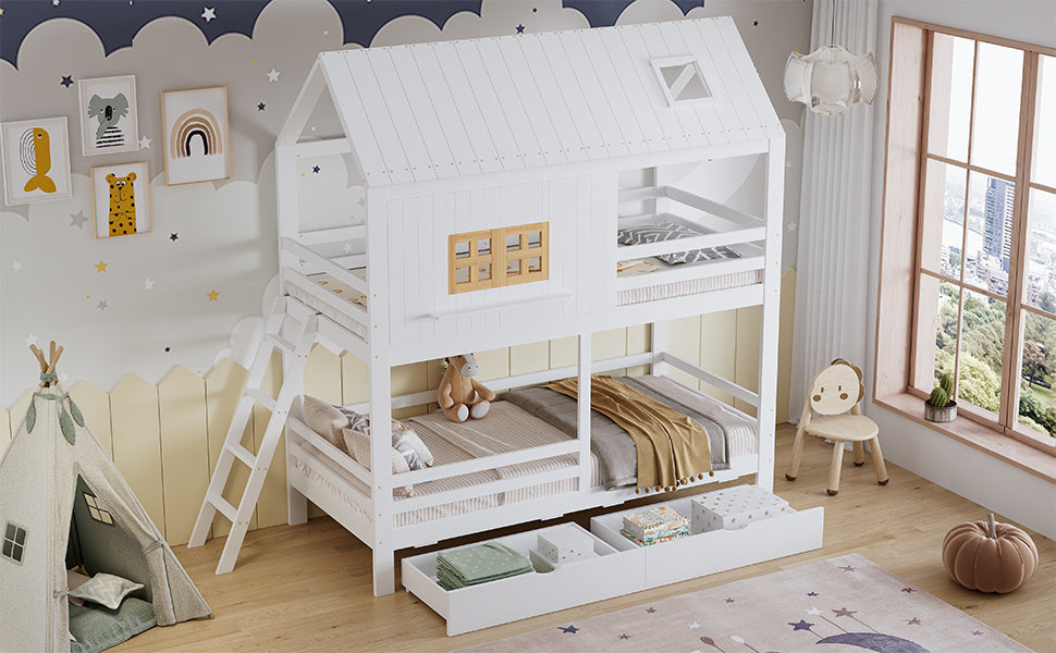 Bunk Bed 90x200cm House Design 2 Drawers Ladder - White/Natural