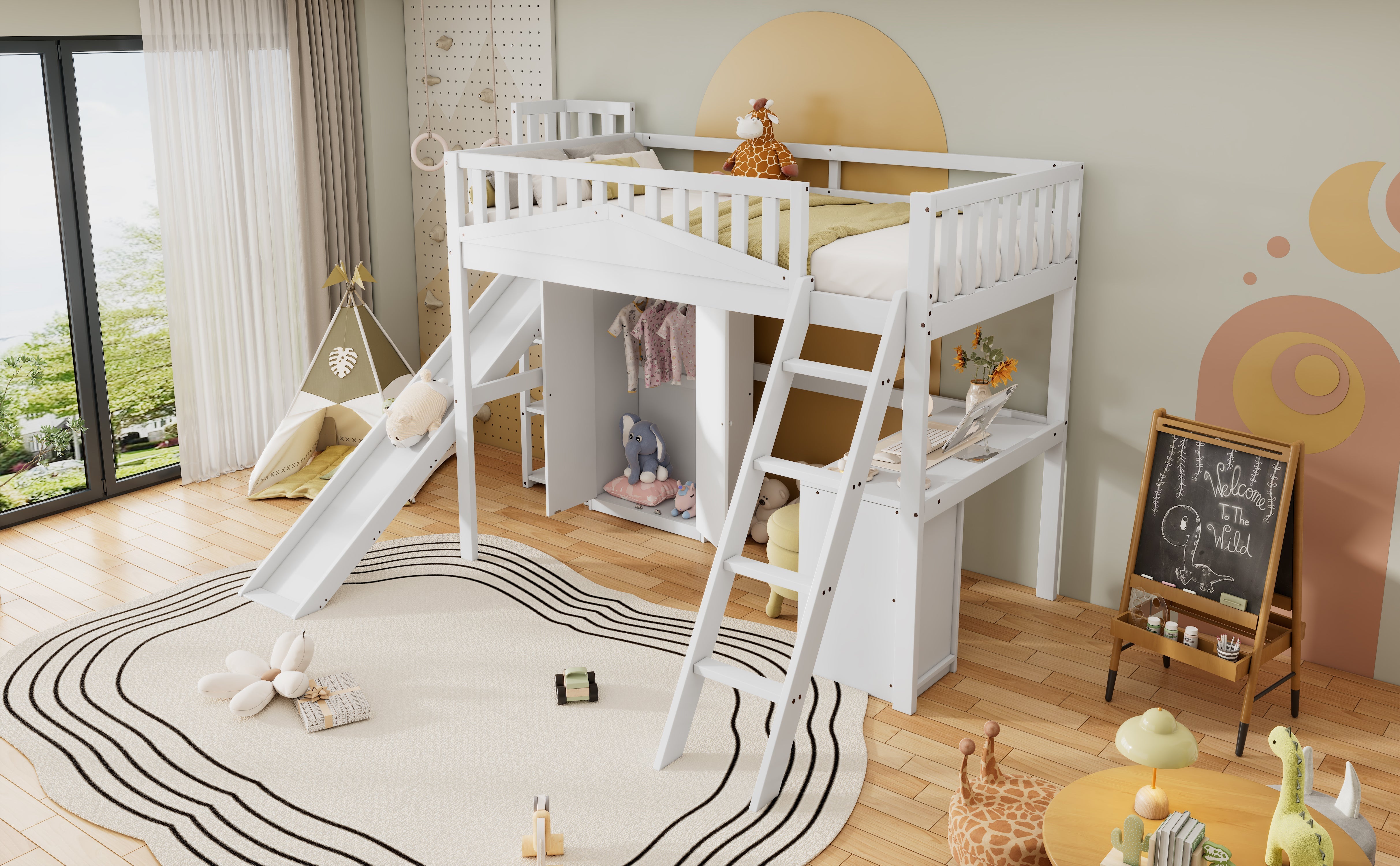 Bunk Bed, Children's with Safety Gate, Table, Wardrobe & Ladder, Pine+MDF+Plywood, White, 90x200cm
